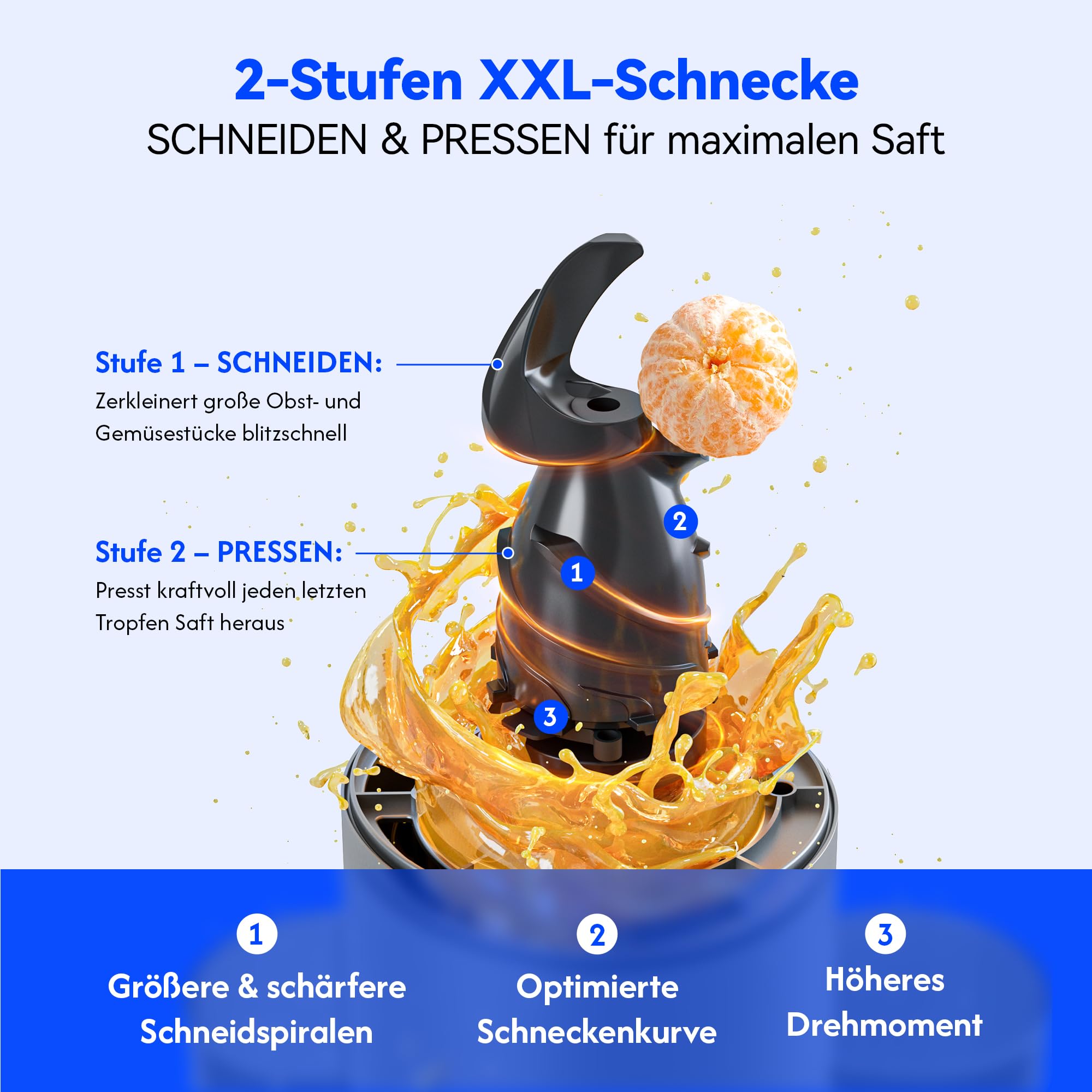 B Megajuicy 150 mm XL slow juicer - spremiagrumi a freddo per frutta e verdura, con retromarcia senza BPA, facile da pulire, incl. spazzola e 2 contenitori (550 ml, 450 ml), 300 W - per succo e