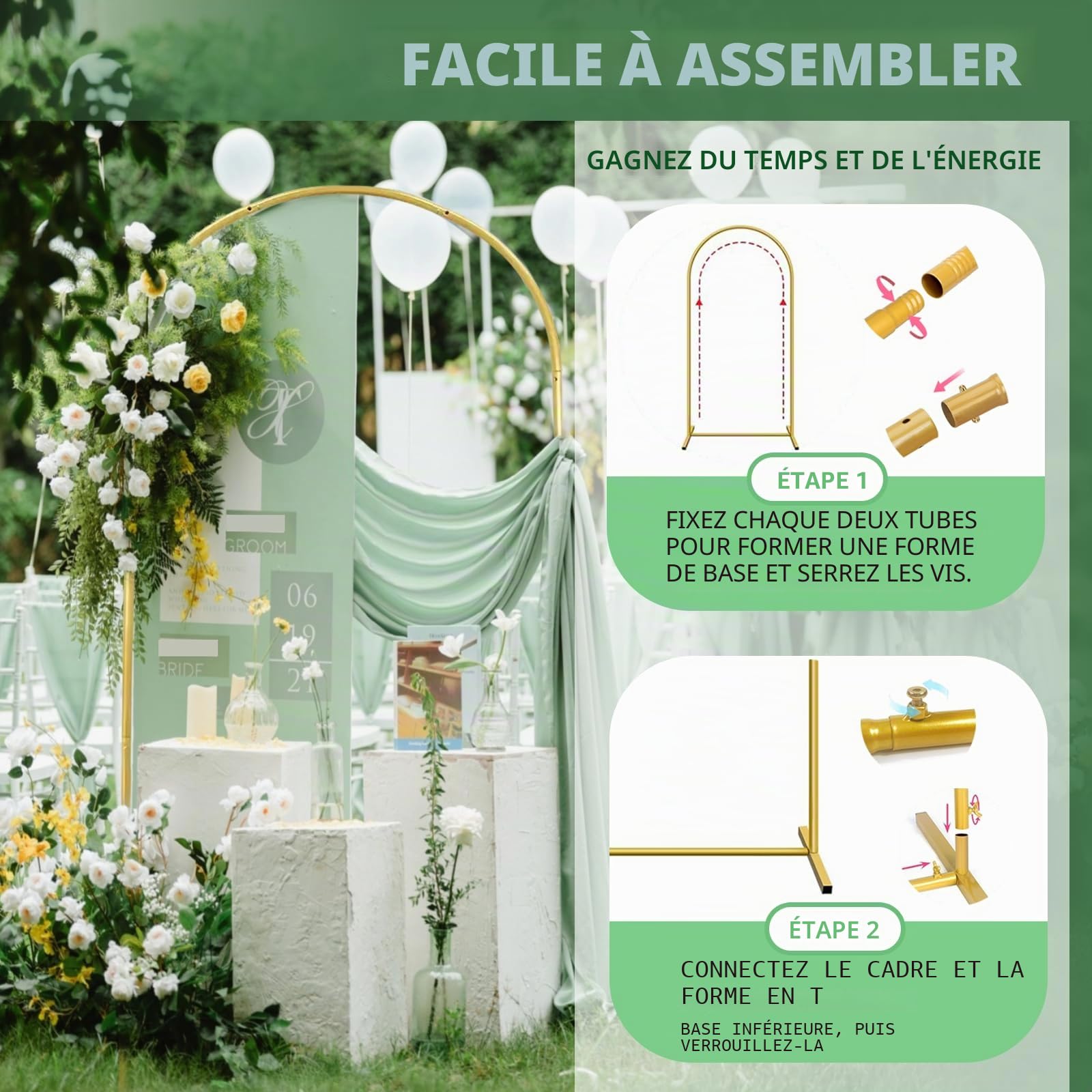 Structure et support de fond en métal doré de 1,8 m de hauteur et 0,8 m de largeur pour mariages, anniversaires, remise de diplômes et fêtes
