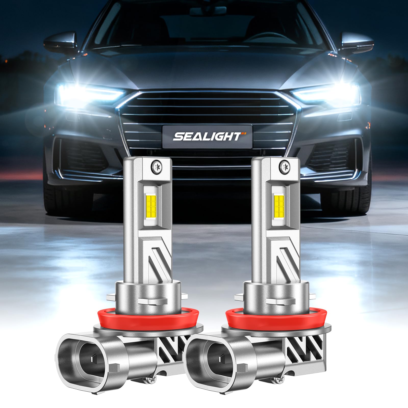 SEALIGHT H11/H9/H8 LED Headlight Bulb, 8X Brighter than Halogen, 6500K Output Canbus Ready, IP68 60000Hrs Lifespan, 1：1 Size 3Mins Installation, 2 Pack