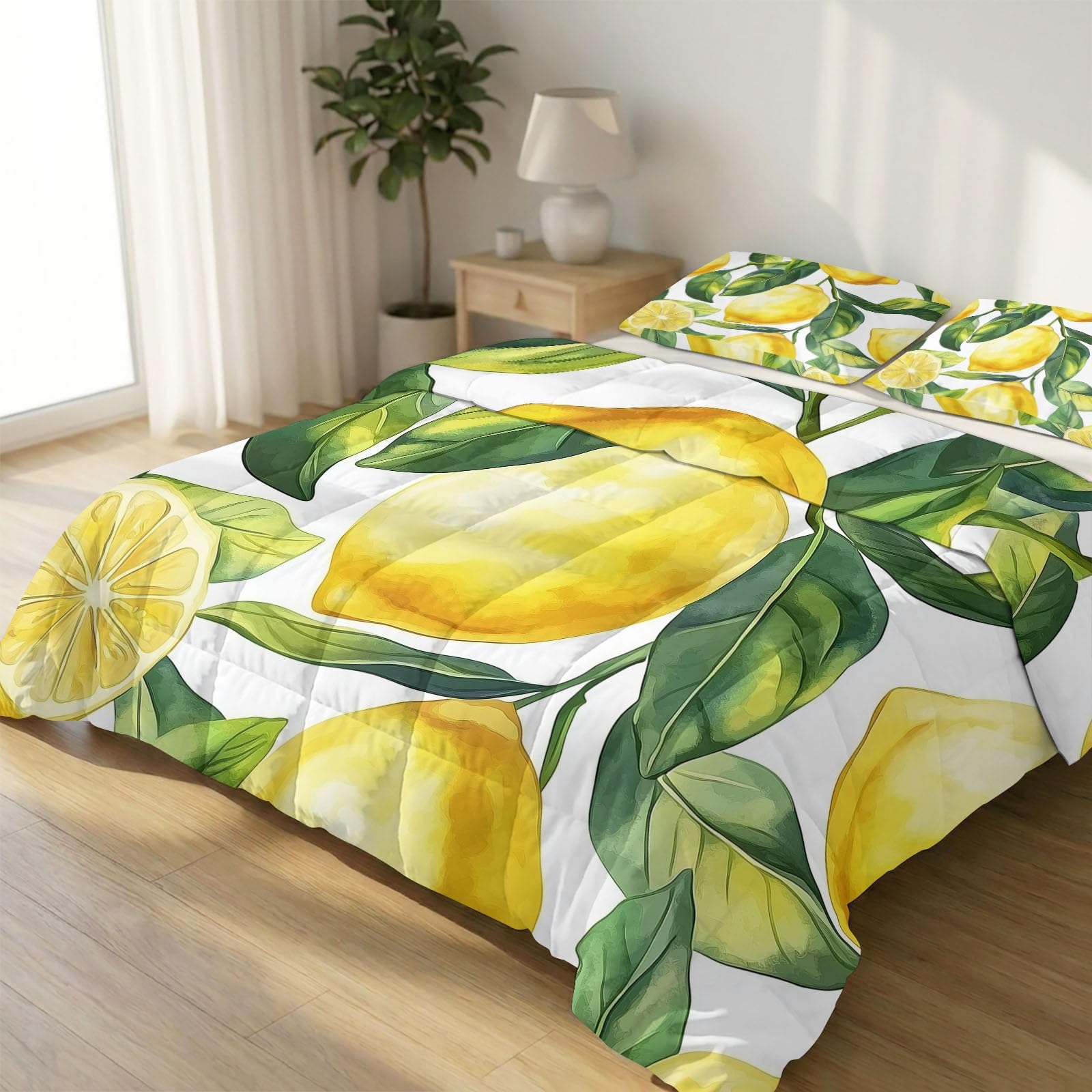 Générique Styl vintage dwustronna kołdra 140 x 200 cm, akwarelowa cytryna liście miękka oddychająca, lekka i oddychająca kołdra - komplet pościeli kołdra pikowana koc nadający się do prania
