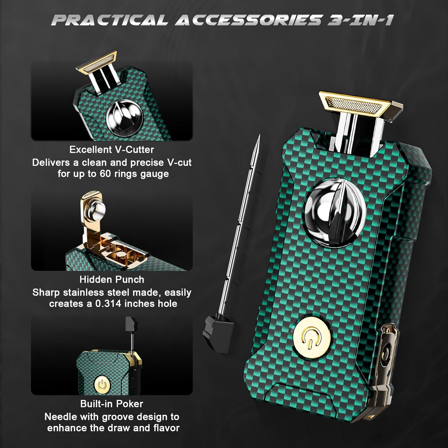 5-in-1 Torch Lighter with Cutter, Punch, Holder, and Draw Enhancer Tool, Adjustable Dual Jet Flames, Trendy Gift for Men, Refillable Butane Lighter, Rechargeable Lighters for Candle, Travel Outdoors