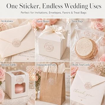 100 PCS Save The Date Stickers, Clear Rose Gold Foil Wedding Stickers for Invitations, Envelopes, Bridal Shower, Engagement Party, Dessert Table Treat Bags & Favor Packaging, 1.6 Inch