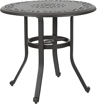 MFSTUDIO 32" Cast Aluminum Round Patio Bistro Table, Umbrella Hole | 32"D x 32"W x 29"H, Dark Brown, powder-coated finish, adjustable levelers, hollow pattern