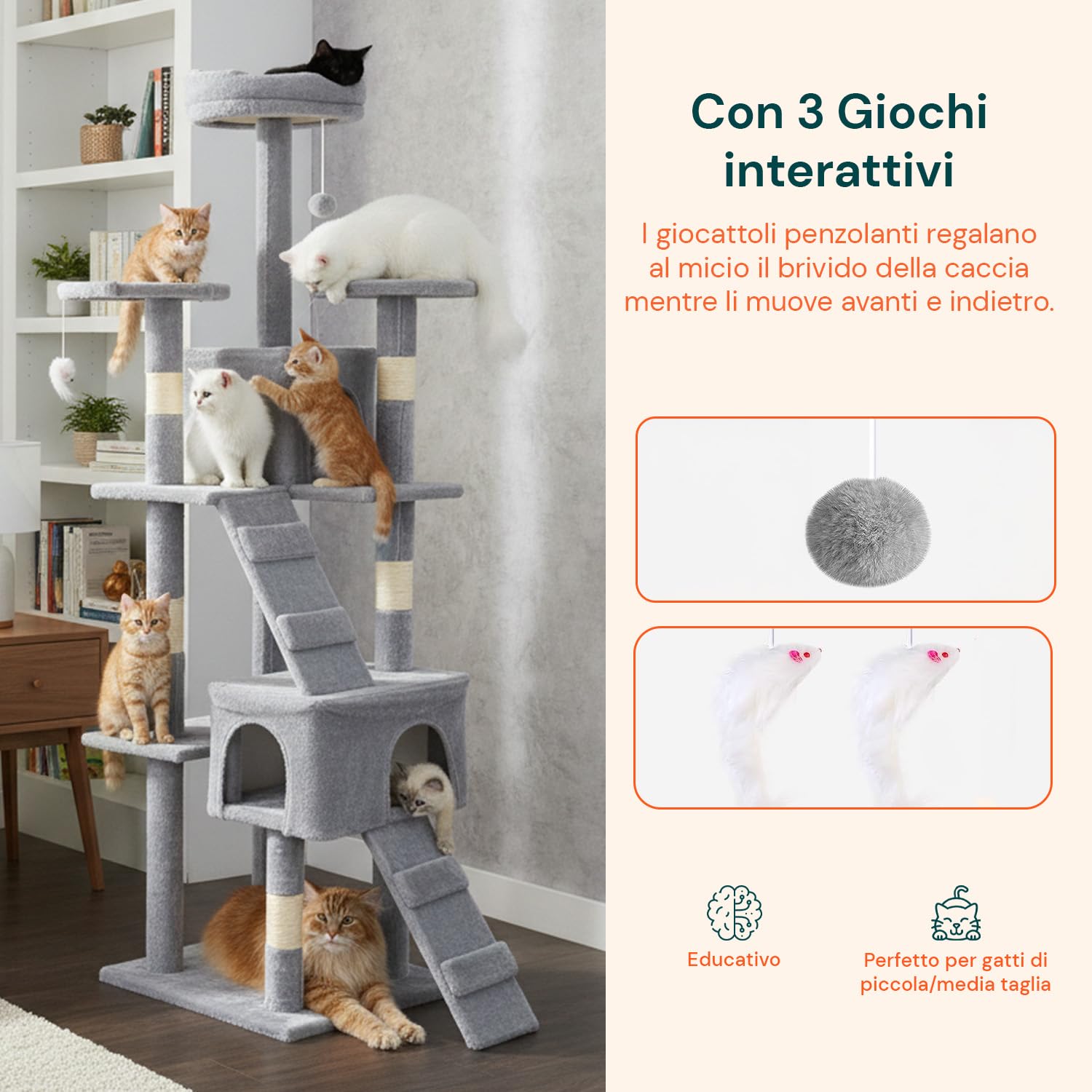 Avilia - Tiragraffi XXL 170cm con Doppia Cuccia per Gatti Adulti, Albero Giochi in Sisal e Peluche, Piatteforme Relax, Ampio e Sicuro per il Massimo Divertimento dei Gatti (Grigio)