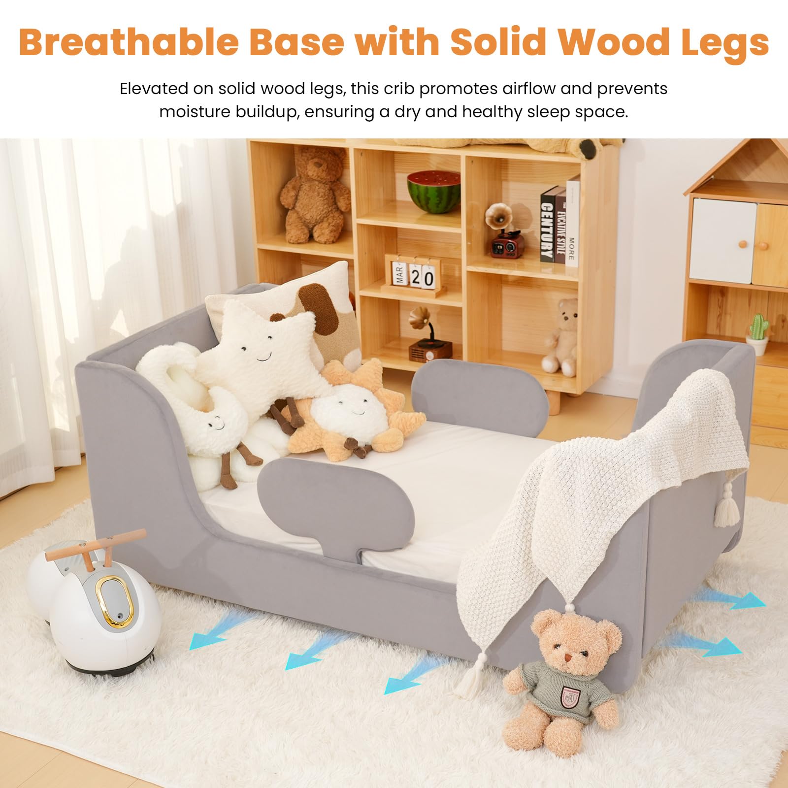 Lettino 70x140cm - Letto per bambini completamente rivestito in velluto, morbidissimo, letto a terra per ragazzi e ragazze (Grigio)