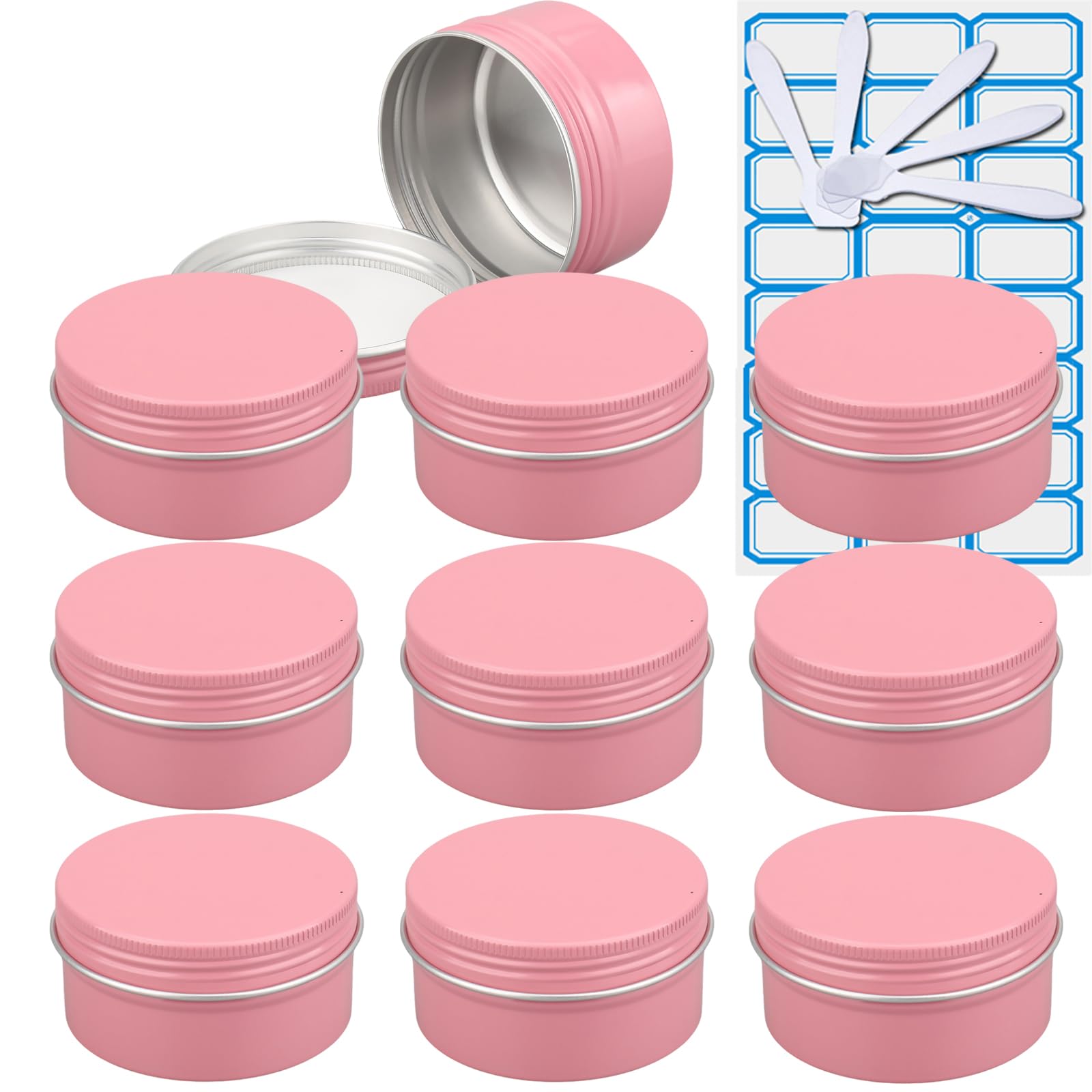 ZEOABSY 10 Pieces 80 ml Empty Pink Round Aluminum Tin Jars with Screw Lids Cosmetics Lip Balm Containers Pots for DIY Candle Salve Salt Powder Crafts Storage Cans with 5x Spoon, 1x Labels
