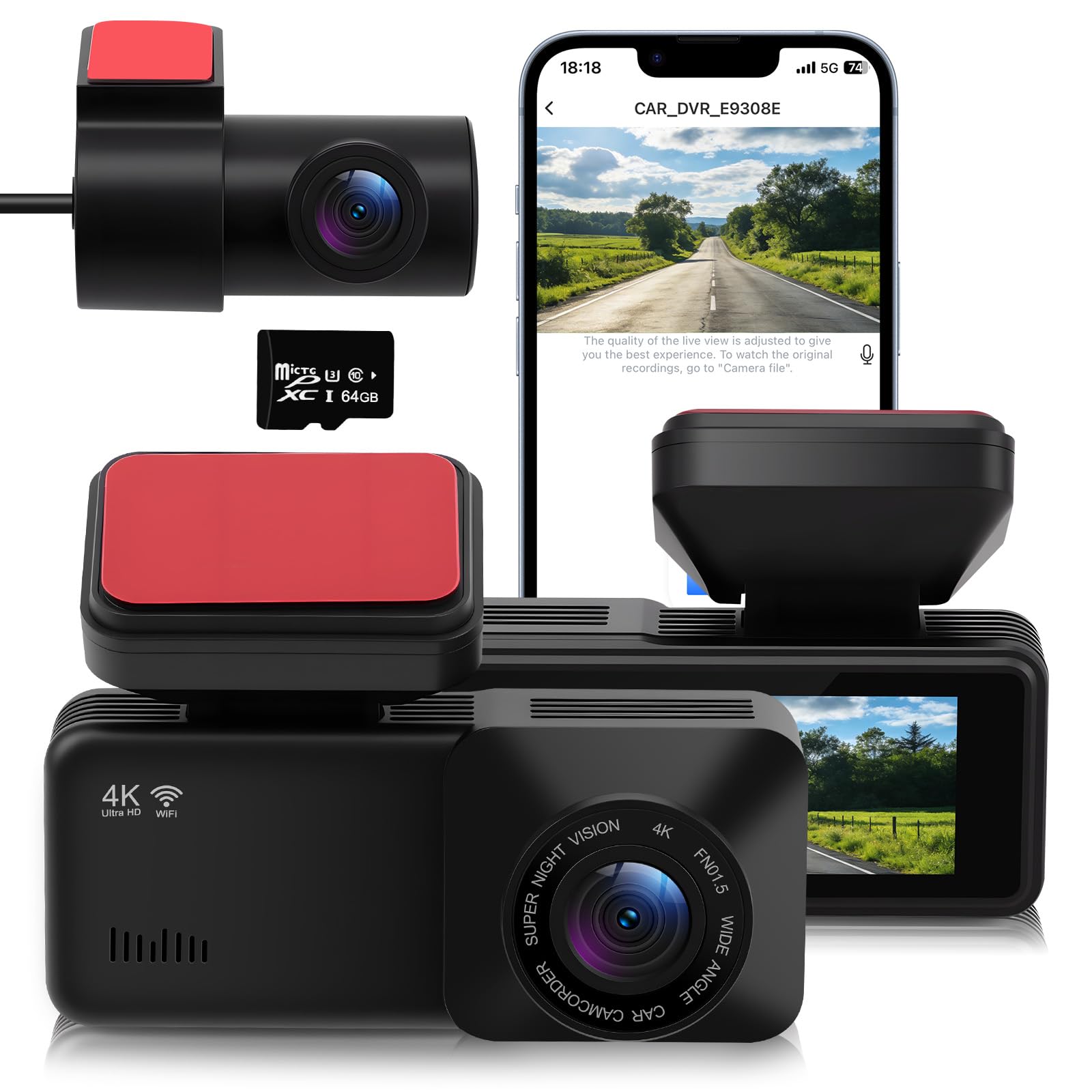 Dashcam Voiture 4K Avant Arrière 1080P, Caméra Embarquée Double Objectif | 170° Grand Angle, Vision Nocturne, Mode Parking G-Sensor, Carte SD 64Go, Installation Facile