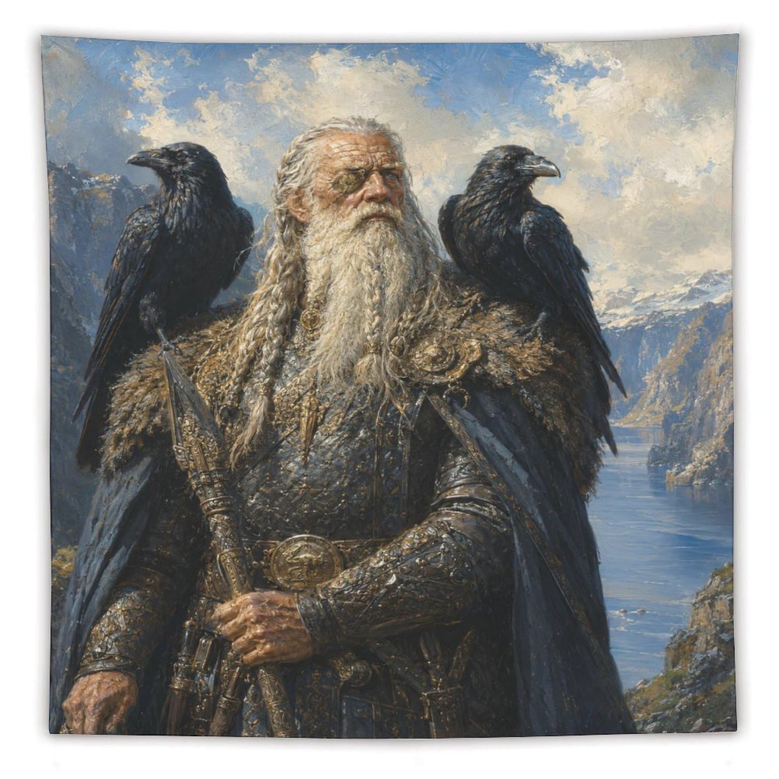 W7C8U2X3 Odin with Ravens Wall Tapestry, Realistic Illustration