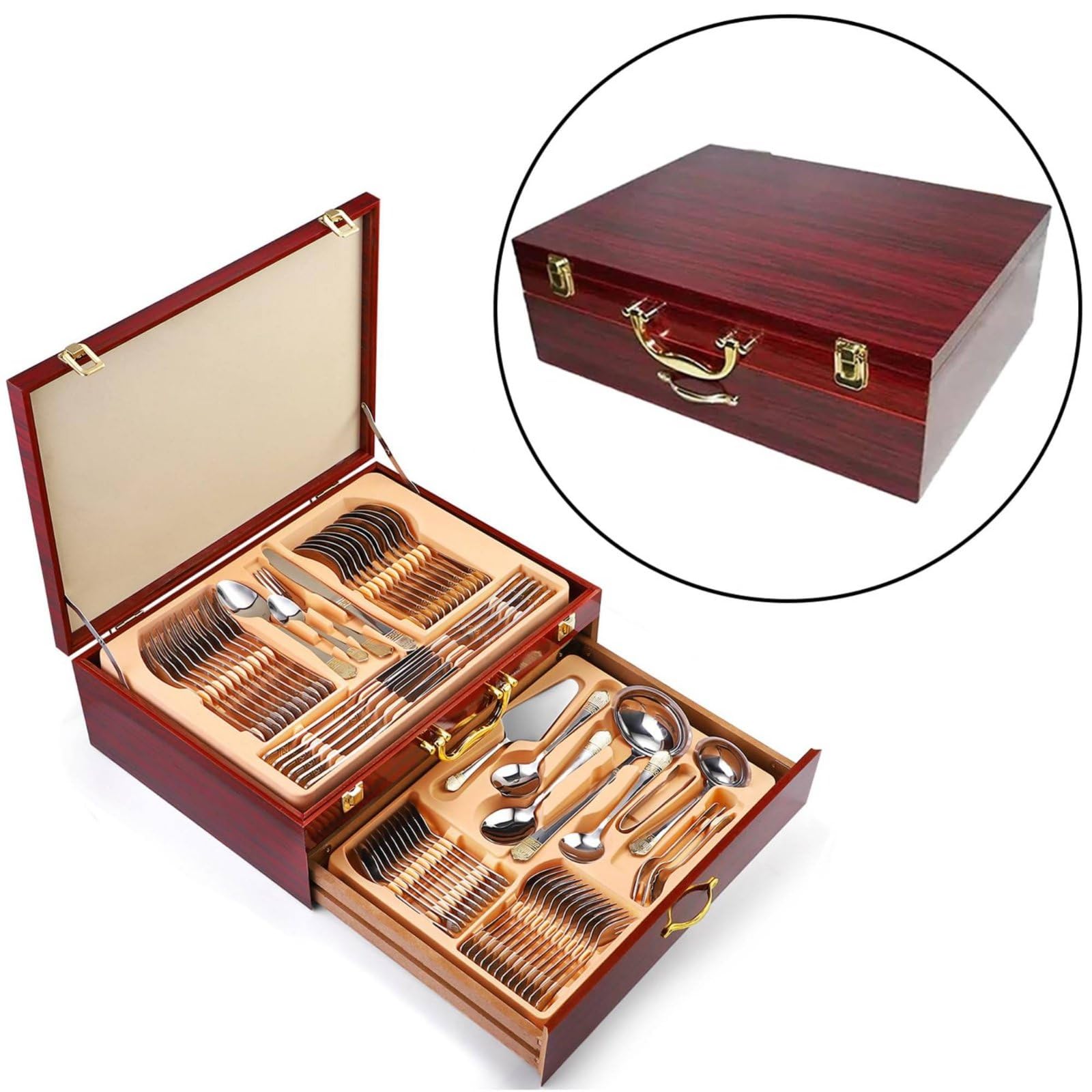72 Piezas Cubiertos de Acero Inoxidable Juego de Cubiertos Tenedores Cucharas Cuchillos Lustre Pulido con Caja para Guardar Adecuado para Uso Doméstico Servicio Profesional Celebraciones