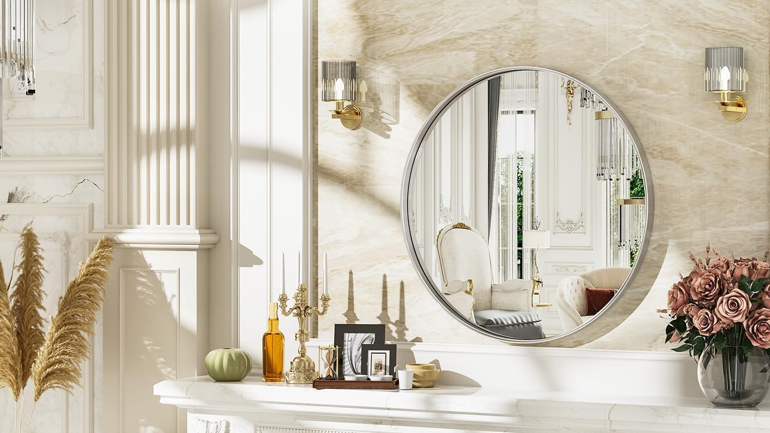 Suidia Bathroom Mirror, Silver Wall Mirror 24 inch, Round Wall Mirror for Bathroom, Vanity, Living Room, Entryway, Circle Bathroom Vanity Mirror