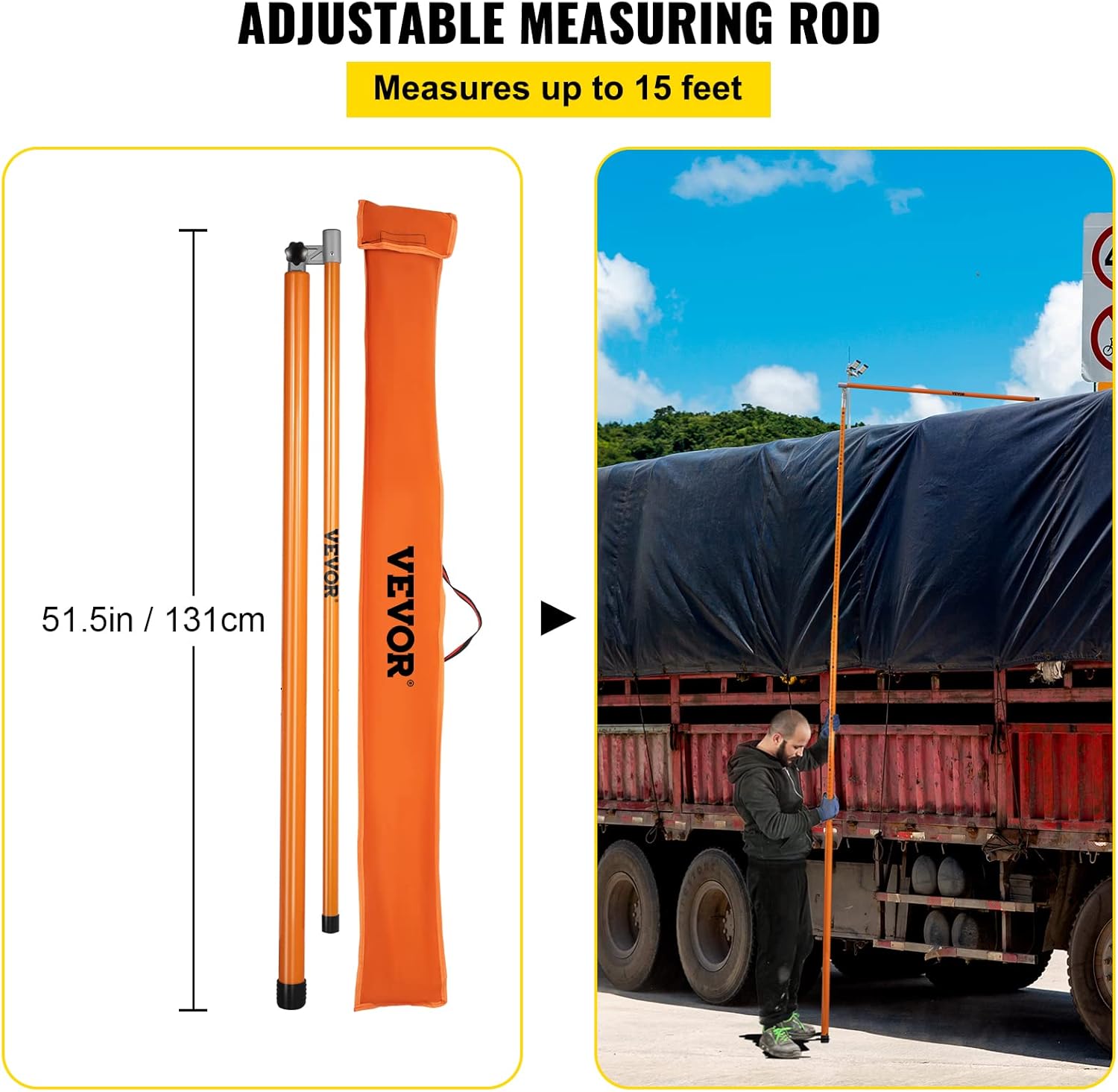 VEVOR Height Stick for Trucks, 15 FT Load Height Measuring Stick with Carrying Bag, Non-conductive Truck Stick with Adjustable Pole for rucks, Car Haulers