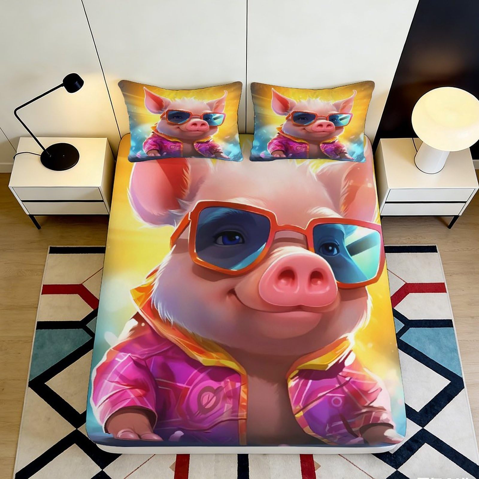 3D Printed Cool Pig Pattern Fitted Sheet Microfiber Soft Durable Cartoon Piglet Bed Cover for Bedroom Dormitory Guest Room Mattress Protection 90x200x25cm