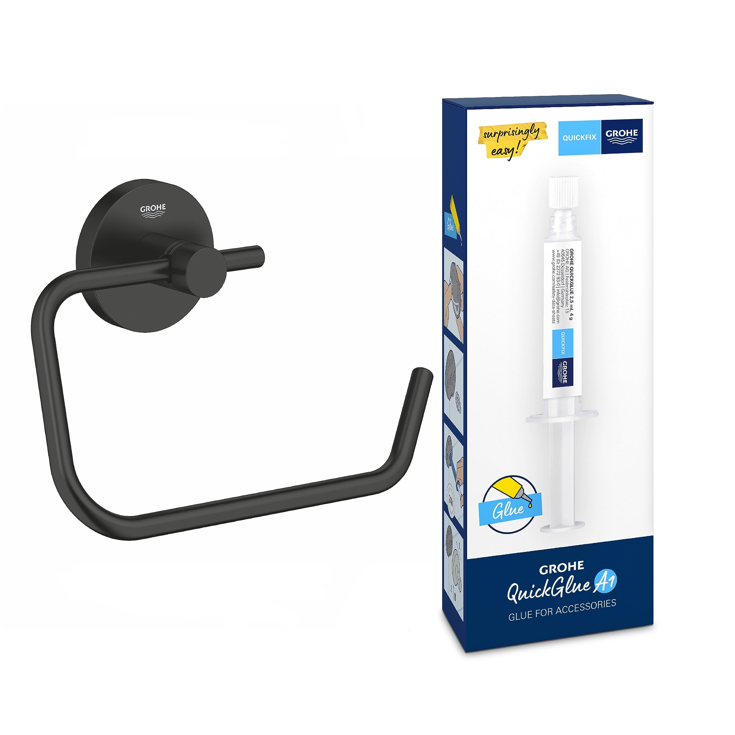 GROHE Start QuickFix Portarotolo carta igienica senza coperchio e QuickGlue A1 (metallo, viti e tasselli inclusi, colla rapida facile da montare), Matt Black, 412002430