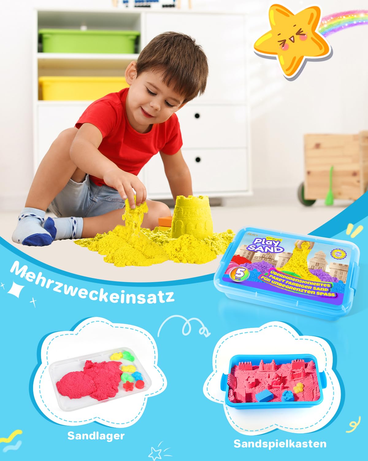 AtMini Wonder Sand Regenbogen Mix Set -5kg Spielsand with 6 Farbe，Knetsand für kinder Sandbox mit Deckel für kinder 3 4 5 6 7+ Jahre Alt（Blau）