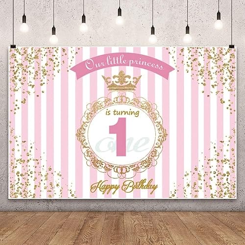 Miniatura 2 de Leyiyi Telón de fondo de 7 x 5 pies, princesa real de primer cumpleaños, bandera de rayas blancas y rosas corona de lujo para niños, fondo de día B,