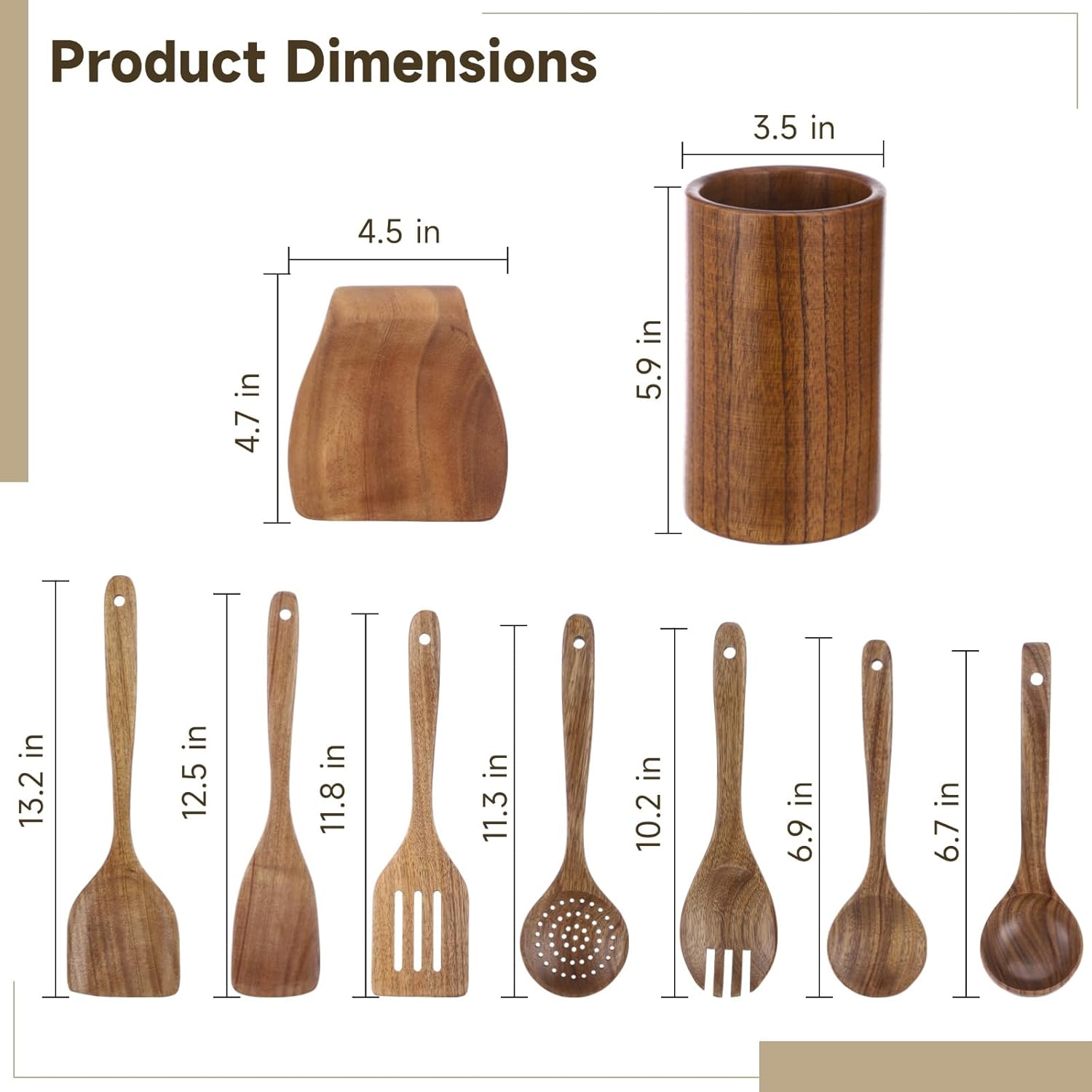 10 PCS Natural Teak Kitchen Cooking Utensil Set with Holder, Wooden Spoons for Cooking, Nonstick Safe Kitchen Utensils, Spatula Spoon Set with Spoon Rest Hooks, Natural Wood Kitchen Tools