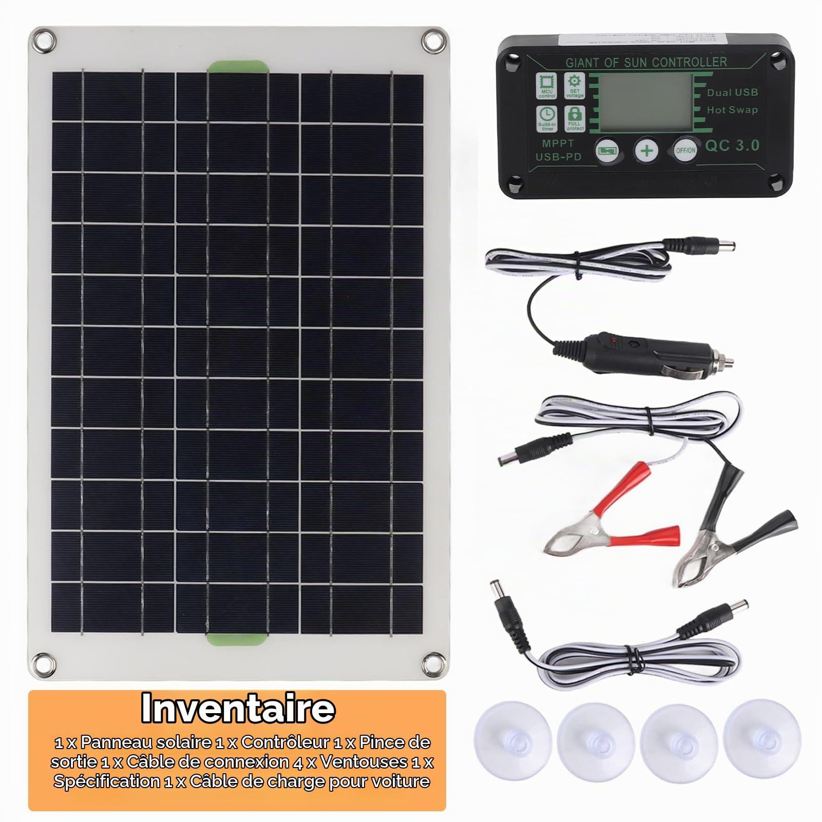 HERCHR Chargeur De Batterie Solaire 50W 30a, Panneau Solaire De Contrôleur De Chargeur De Panneau Solaire 12V 24V pour Camion De Remorque De Camping-Car Marin De Bateau De Voiture