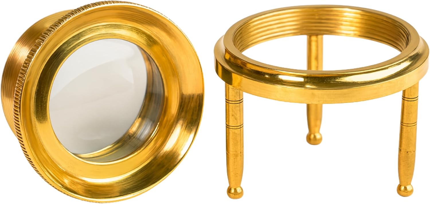 Vintage Shiny Brass Magnifying Glass Lens Stand Mini Magnifier for Reading, Jeweler Tool, Desk Decor, Antique Collectible Gift for Home & Office