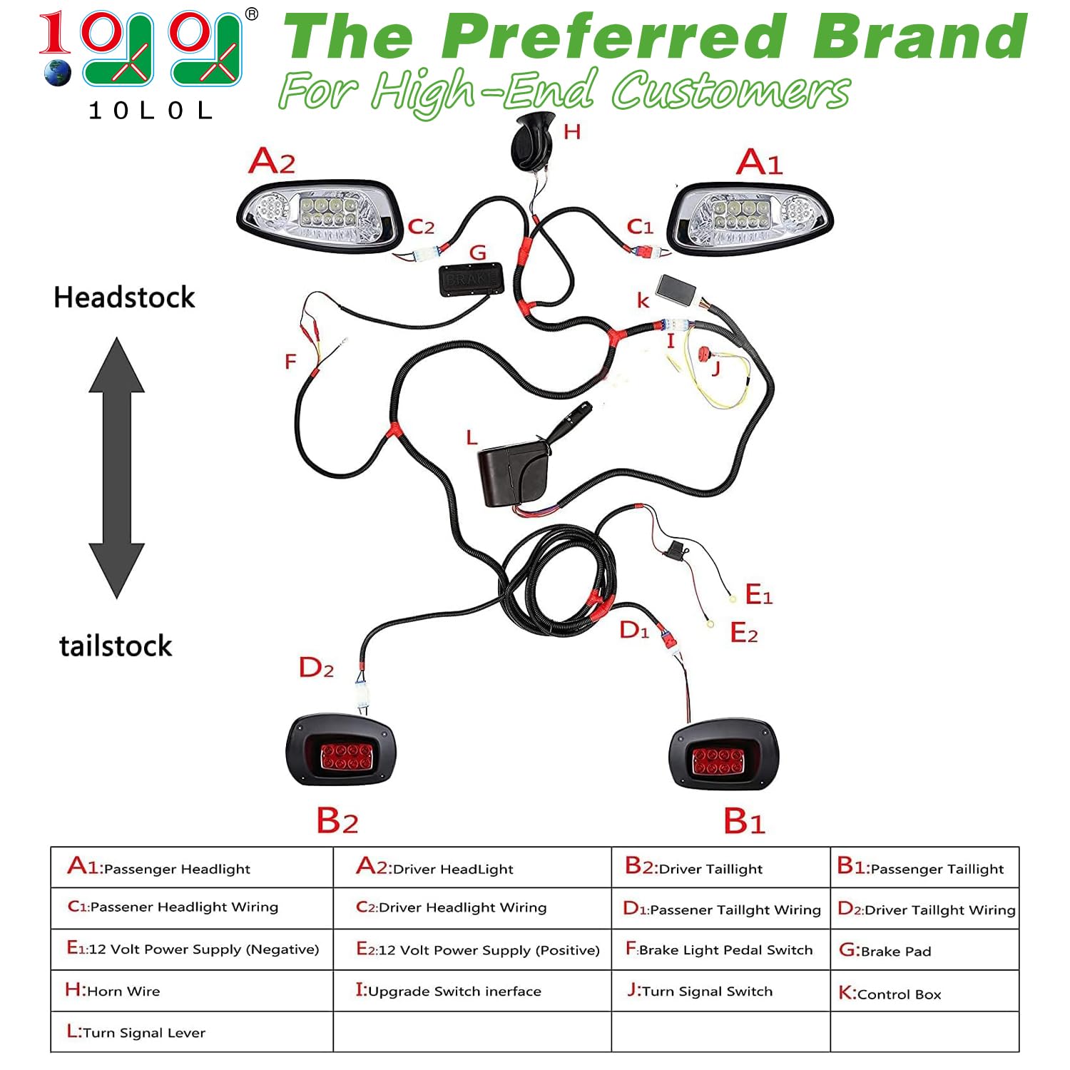 10L0L Golf Cart Headlight Kit - Deluxe Headlights Taillights for 08-15 EZGO RXV Carts with Turn Signals Switch Horn Brake Lights Harness NOT FIT RXV II -Golf Cart Street Legal Light Kit