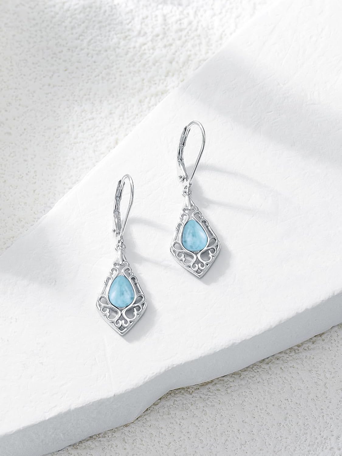 HPQQ Filigree Teardrop Earrings 925 Sterling Silver Gemstone Leverback Earrings Jewelry Gifts for Women