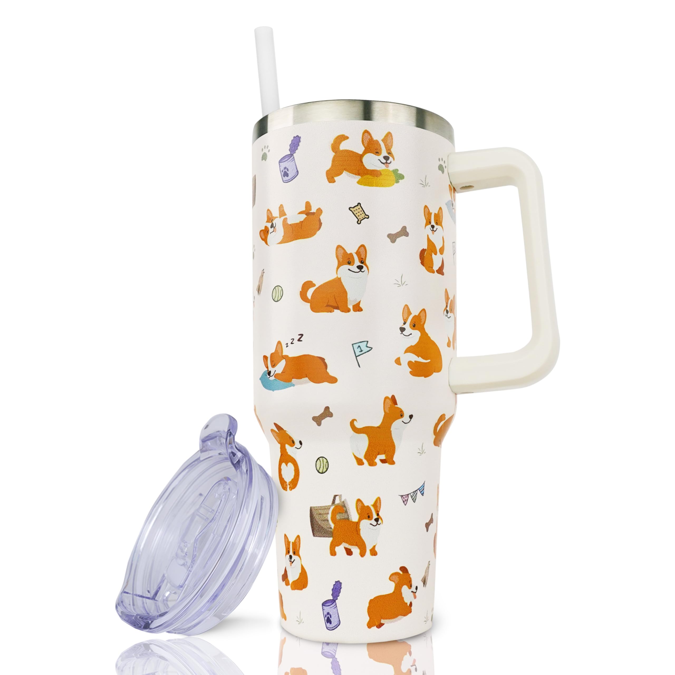 ZNYYZYBA Corgi Gifts, 40 oz Corgi Tumbler with Handle and Straw, Reusable Stainless Steel Dog Tumbler with Leak Proof Lid, Dog Lovers Gifts for Women