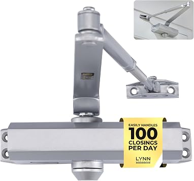 LYNN HARDWARE Medium Duty Automatic Door Closer Silver - Highly Durable Cast Aluminum, Commercial or Home Use, Adjustable Speed Controls, 3 Mounting Options, 3 Hour Fire Rated DC6003 Model