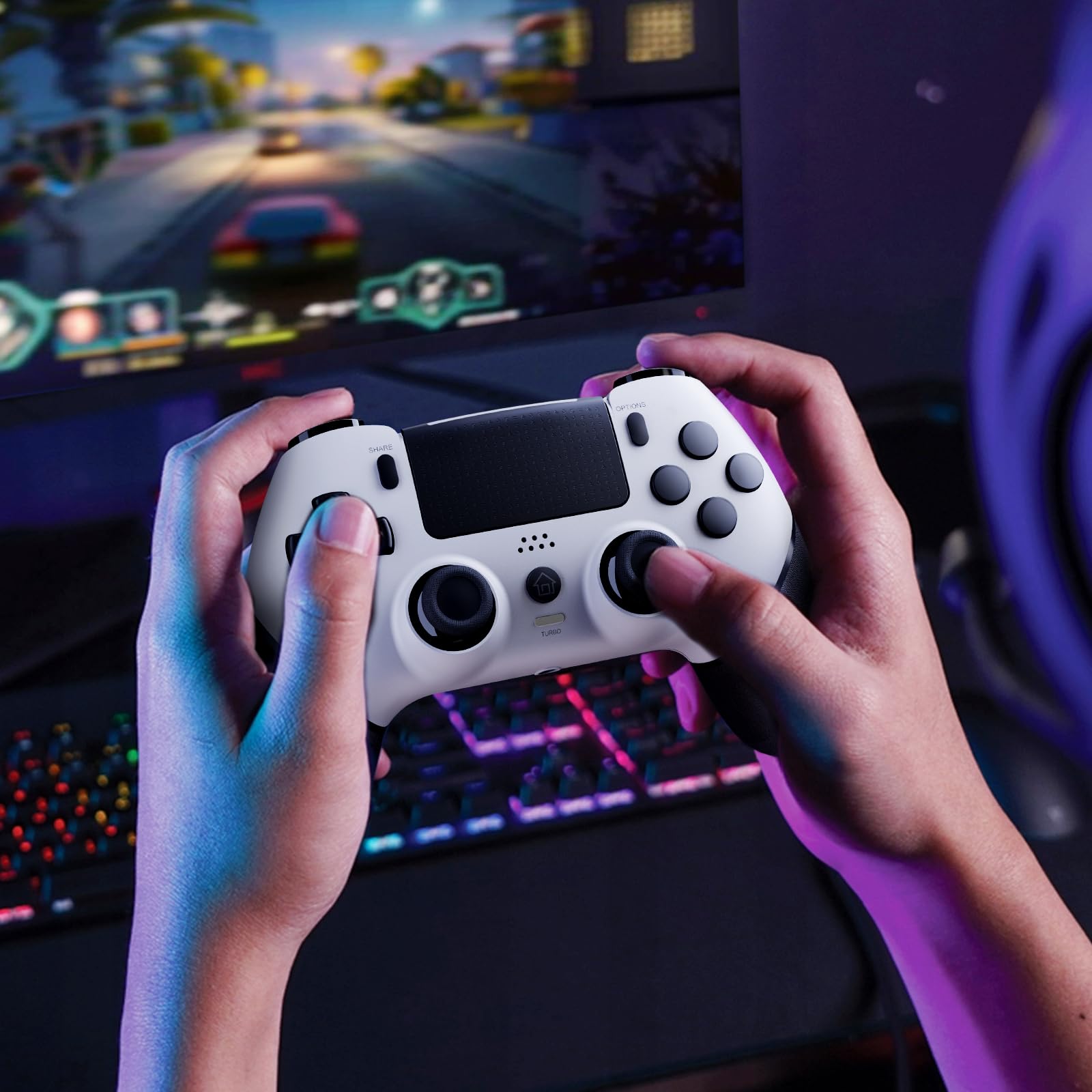CHEREEKI Controller per PS4 Hall Joystick, Wireless Gamepad Compatibile con PS-4/Slim/Pro, Grande Batteria da 1000mAh Doppio Vibrazione, Sensori di Movimento, Touch Pad, Jack per Cuffie Stereo, Bianco