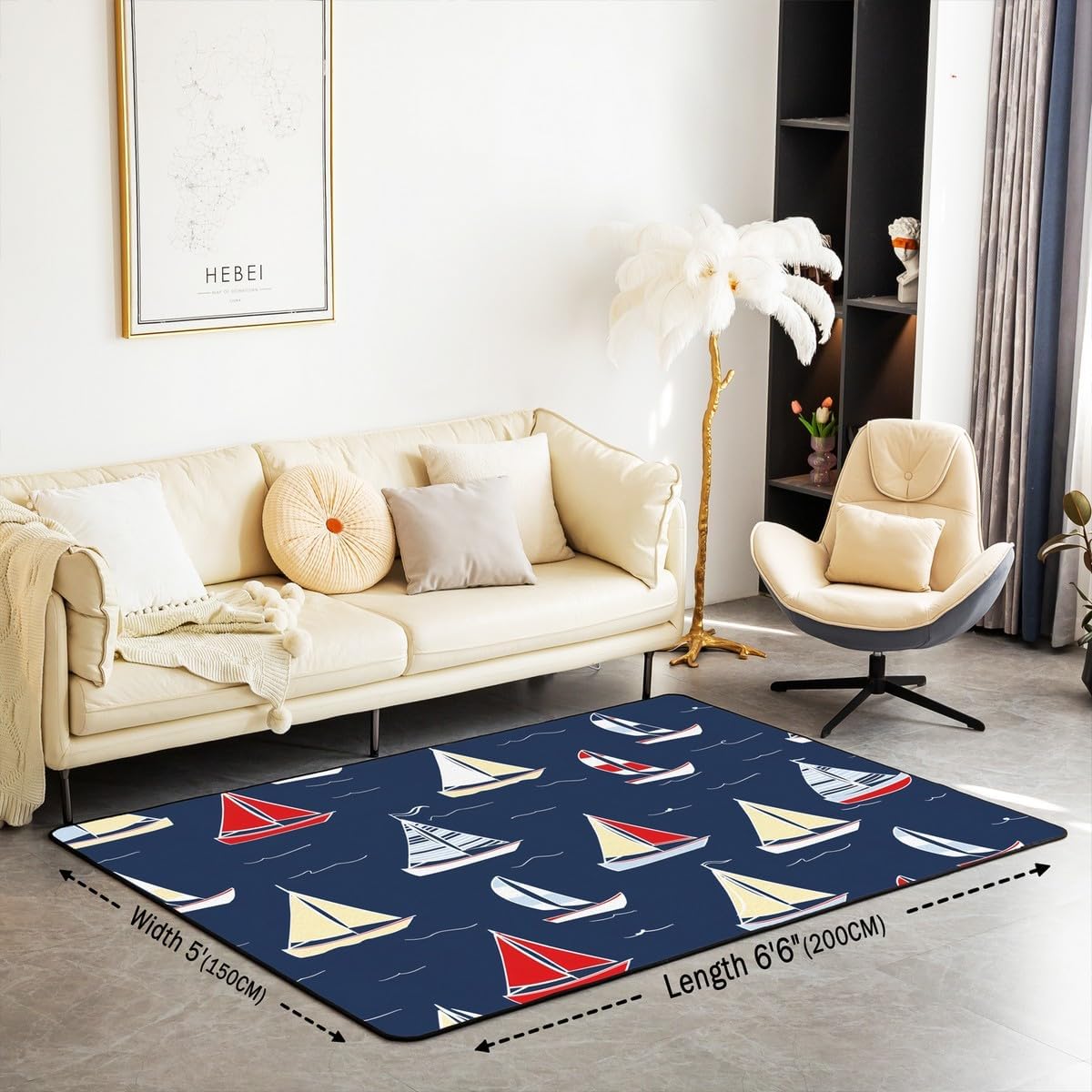 jejeloiu Kids Boat Area Rug 5"x7" Nautical Rugs for Living Room Bedroom Ocean Themed Indoor Floor Mat Navy Blue Accent Rug