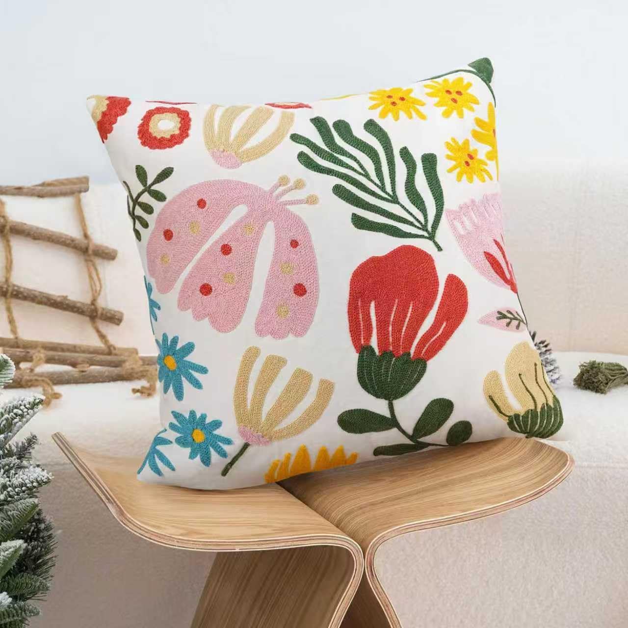 Embroidered Floral Boho Throw Pillow Cover 18x18 Inch - Decorative Cotton Pillow Case for Couch, Sofa, Bedroom, Living Room - Farmhouse Home Aesthetic Housewarming Gifts (Mixed Floral, 18" x 18")