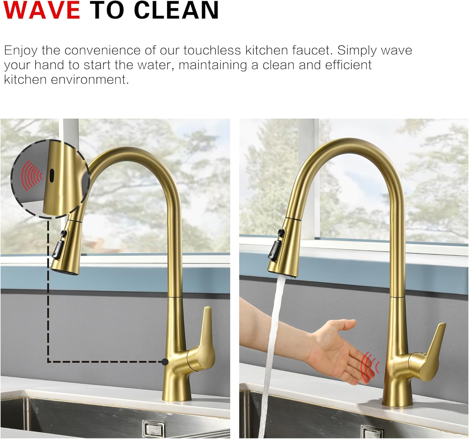 sumerain Touchless Pull Down Kitchen Faucet Brushed Gold Hands-Free Motion Sensor Kitchen Sink Faucet Single Handle