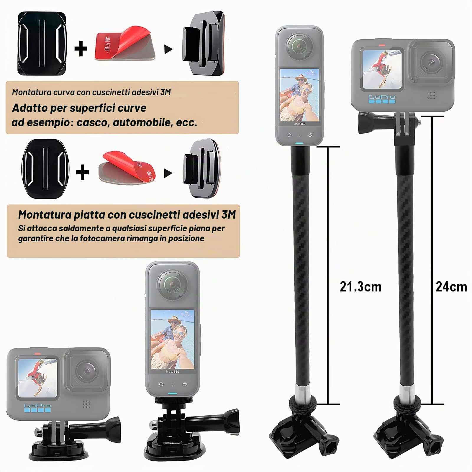 Kit di montaggio per manubrio di bici e moto, morsetto con braccio di estensione per selfie, compatibile con Insta 360 X4, X3, X2, X ONE RS, R ACE, Pro Go 3, 2, Go Pro Series
