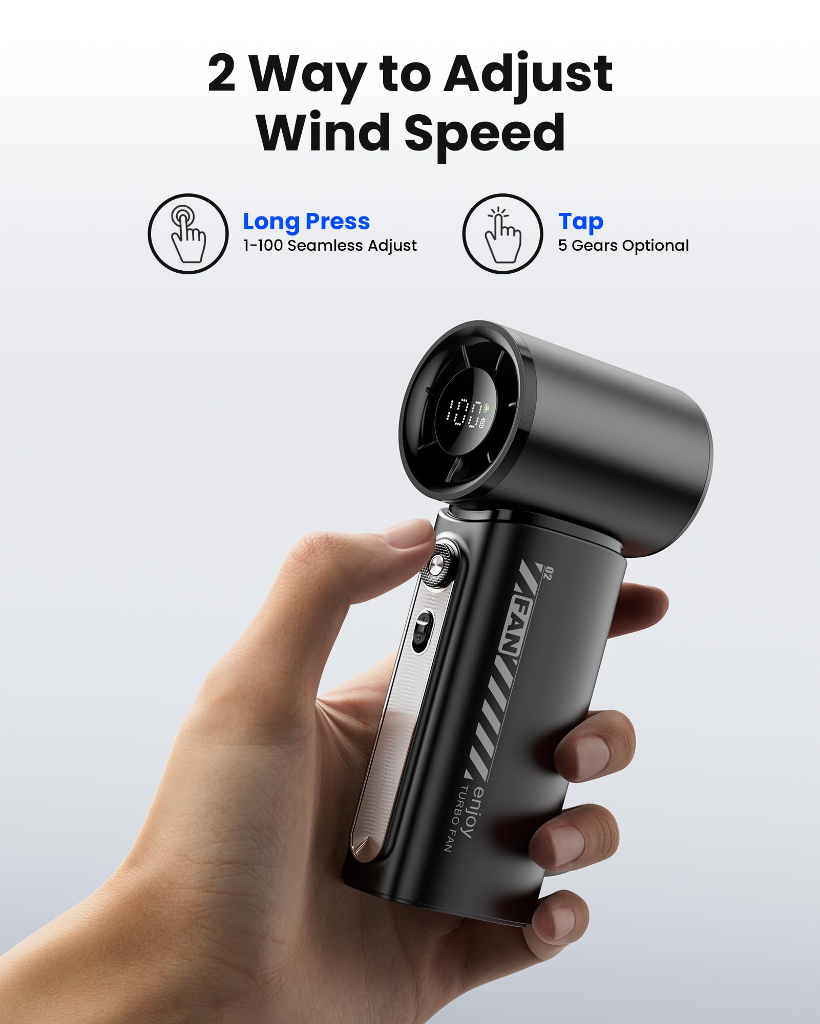 Ventilatore portatile portatile, 3600 mAh, potente mini ventilatore turbo, velocità (1-100) regolabile, tempo di raffreddamento massimo 12 ore, velocità di 19000 giri/min, display digitale, mini