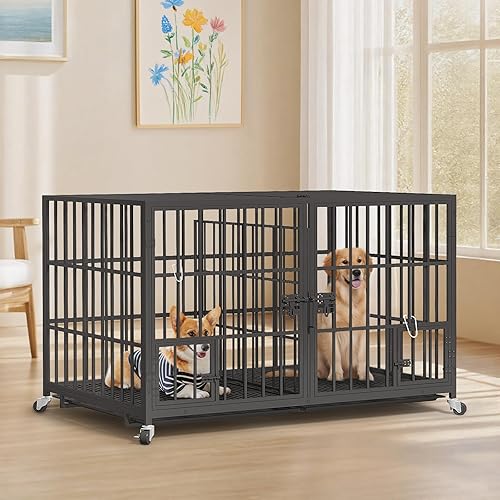 Miniatura 5 de Jaula de metal de 54 pulgadas para perros grandes, jaula resistente para perros interiores con panel divisor, ruedas bloqueables, jaulas