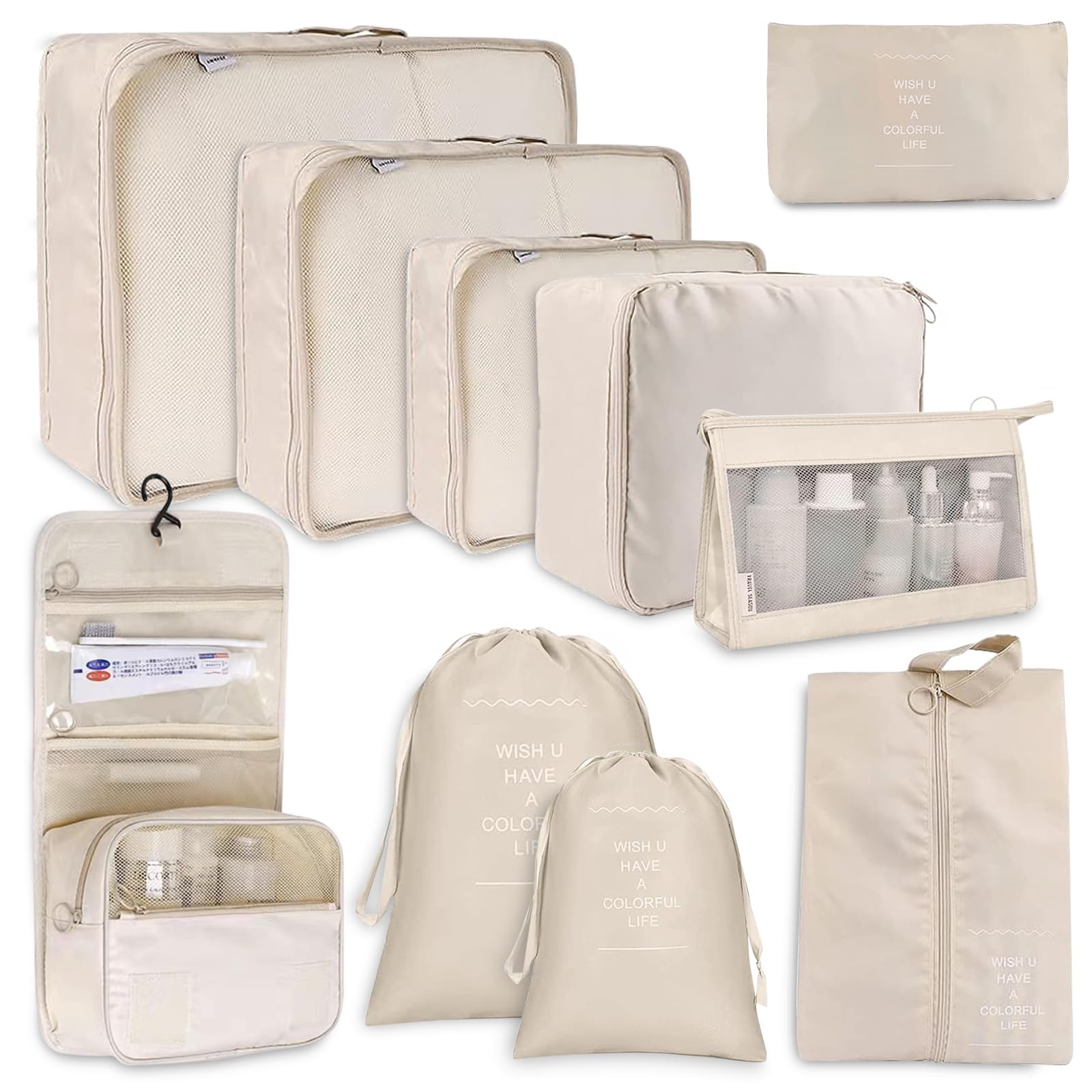 Organizer Valigia 10 Pezzi Organizer Viaggio, Organizer Valigia Salvaspazio Packing Cubes, Sacchetti vestiti viaggio, Sacchetti Valigia Organizer Abbigliamento Intimo Calzature (Beige)
