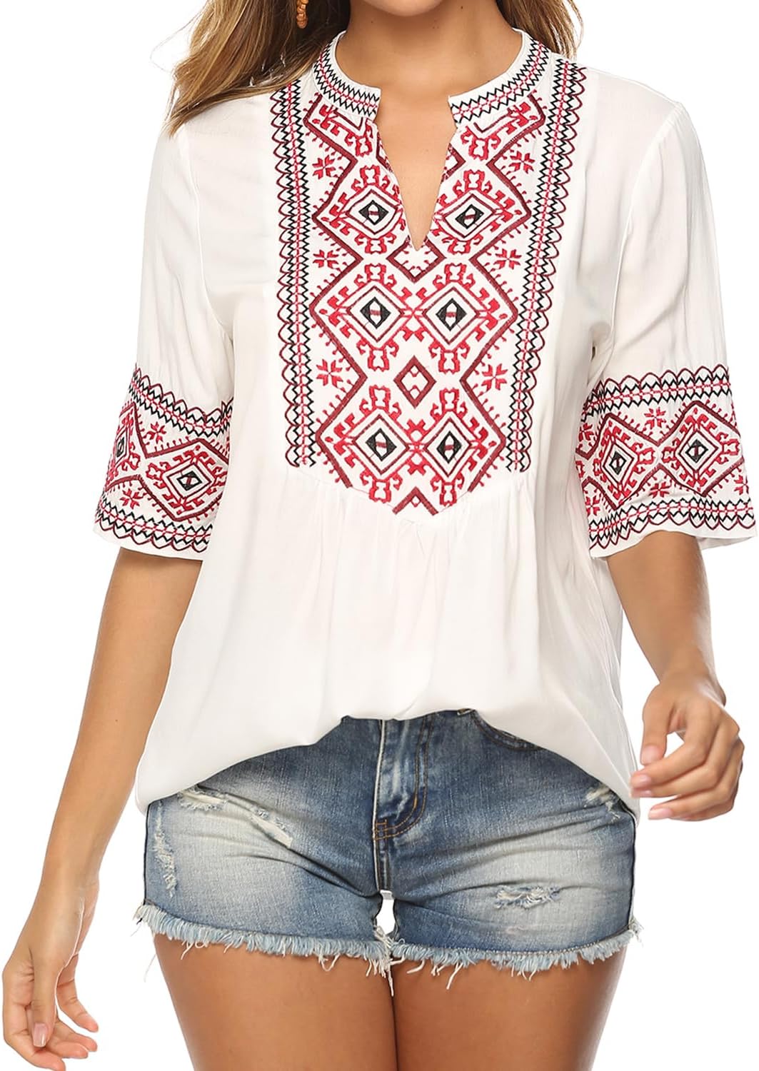 AK Women's Summer V Neck Boho Embroidered Mexican Shirts Short Sleeve Casual Tops Blouse