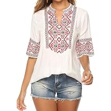 AK Womens Embroidered V-Neck Tunic Tunic Boho Short Sleeve Mexican Shrits