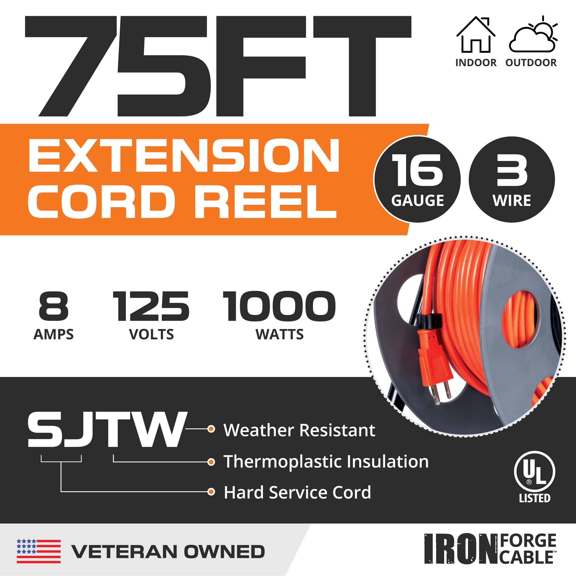 Iron Forge Kabelverlängerung – 75ft (ca. 23m) Schwere Industriekabeltrommel Mit 4 Steckdosen, Orange-schwarz, Robust & Alltagstauglich