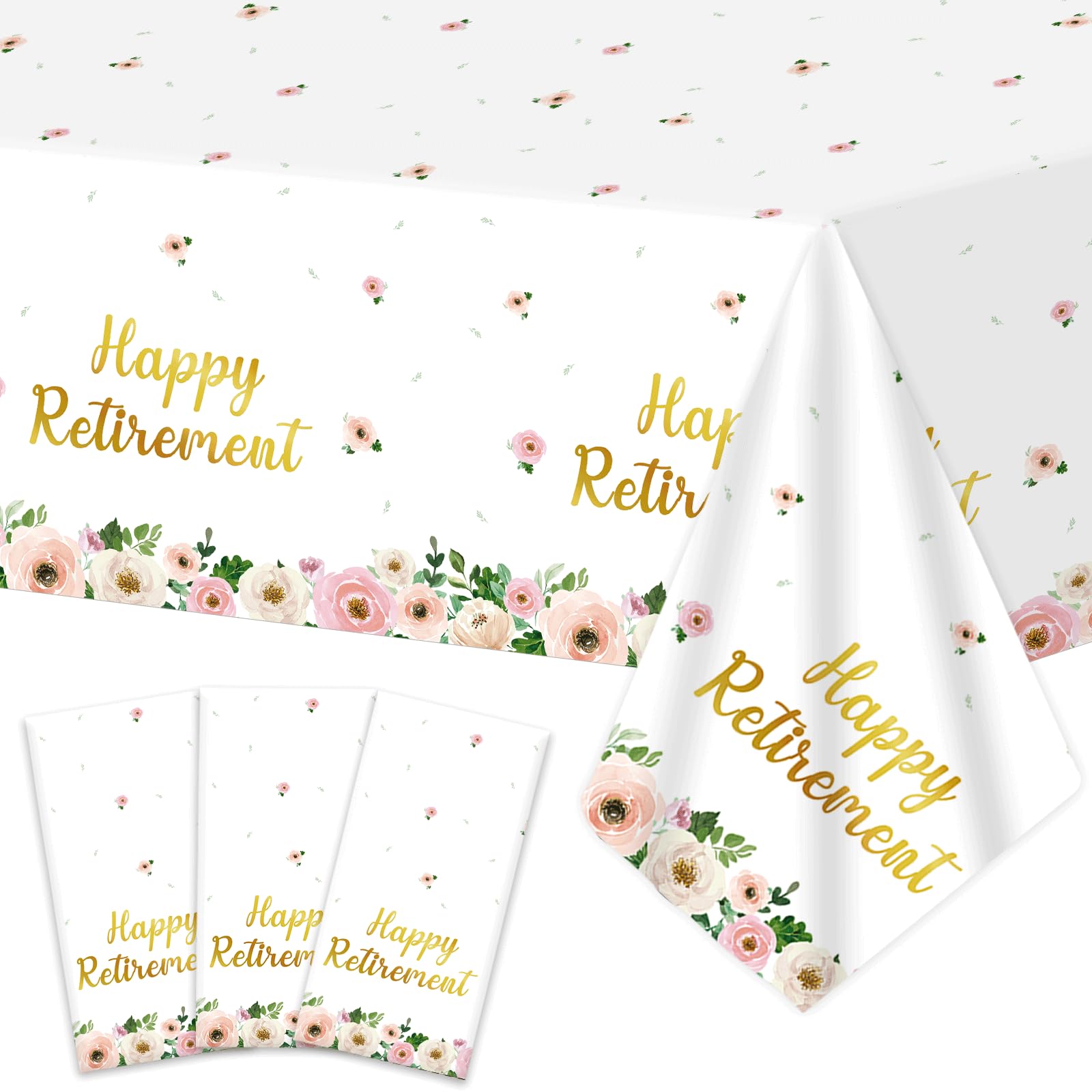 3Pcs Flower Retirement Tablecloths Happy Retirement Party Decorations White Peony Table Covers Pink Gold Floral Plastic Disposable Table Decor for