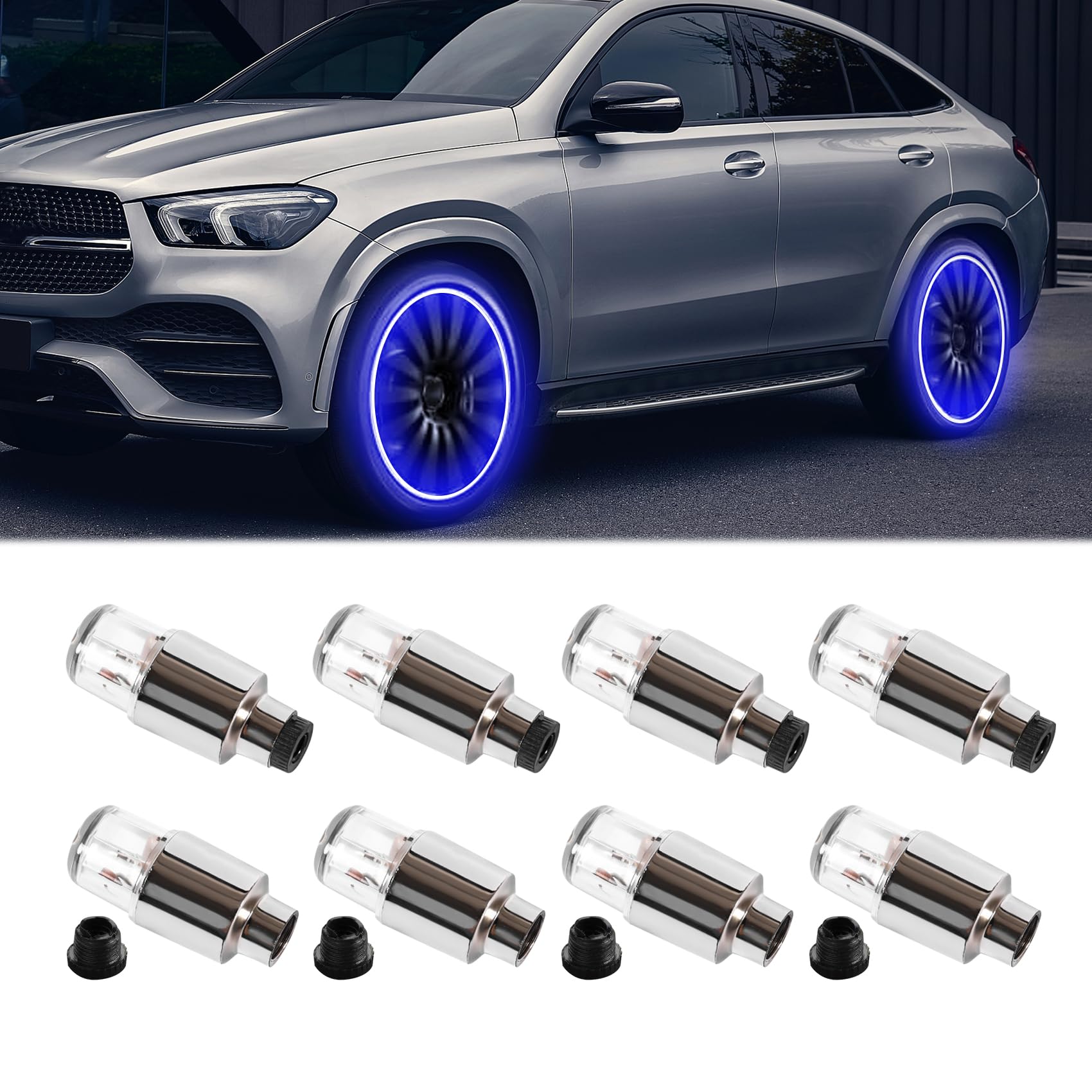 8PCS LED Wheel Lights, Automotive Tire Light Assemblies, Air Neon Valve Light, Waterproof LED Flashing Light, Car Exterior Accessories Tire Valve Caps Lamp Universal for Car Bike (Blue)