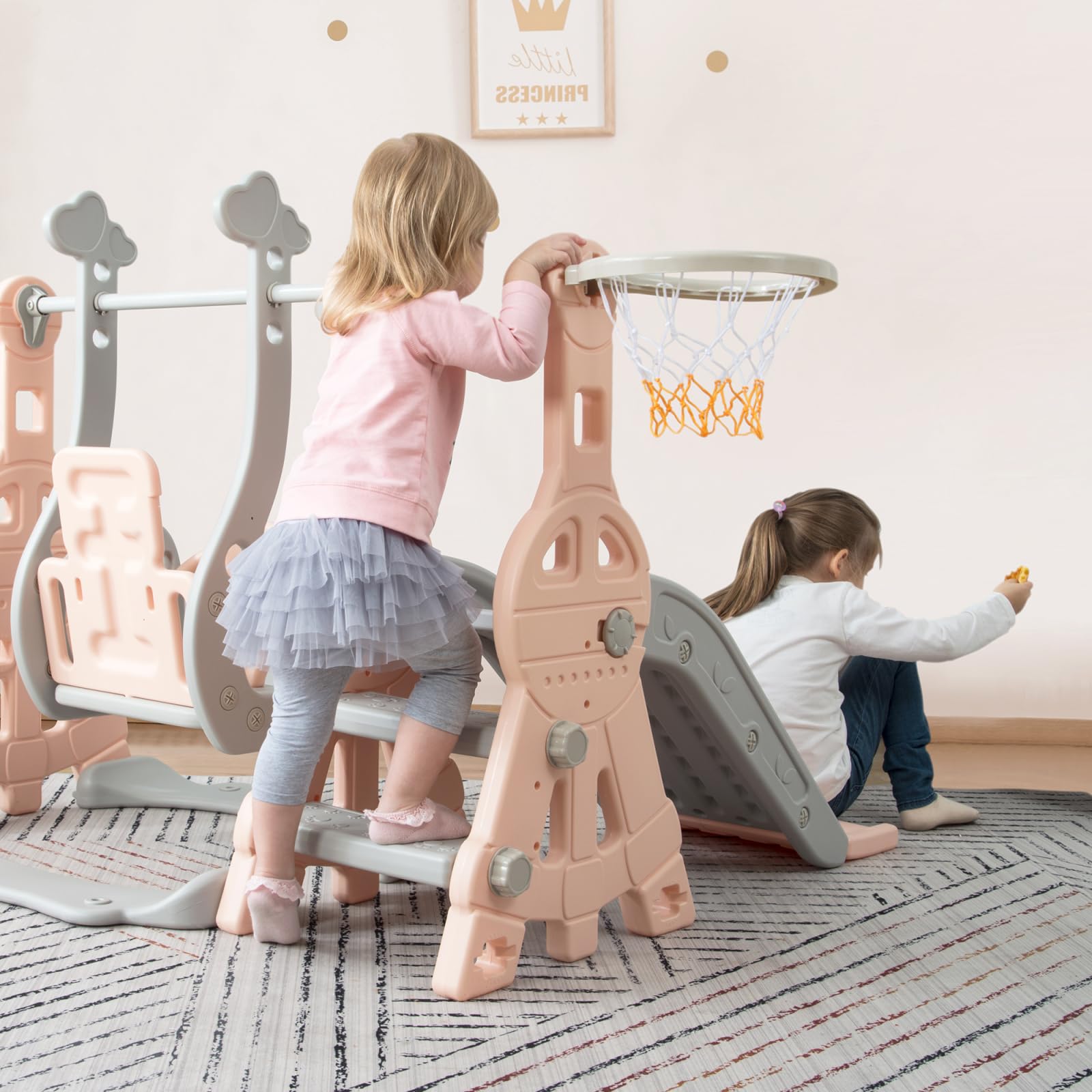Tobogán infantil 4 en 1, columpio, juego de toboganes infantiles con escaleras, columpio, tobogán y soporte de baloncesto, rosa