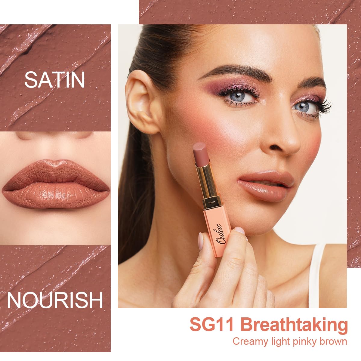 Oulac Satin Matte Pink Lipstick, Pink Brown Long Lasting Lip Stick, Full Coverage with Smooth Creamy Texture Lip Colour - Image 2