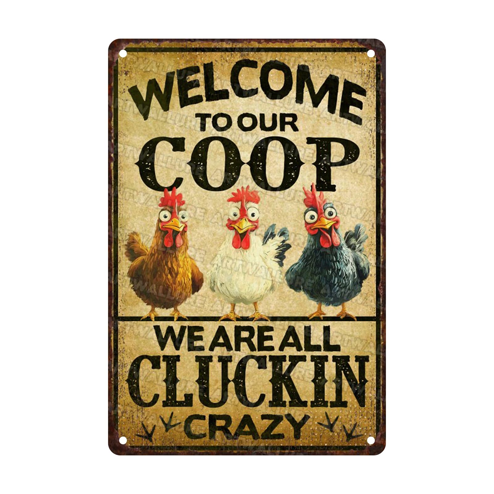 Funny Chicken Vintage Tin Sign Welcome to Our Coop We are All Cluckin Crazy Metal Tin Sign for Chicken Wall Farmhouse Farm Home Coop Decor 8x12inch