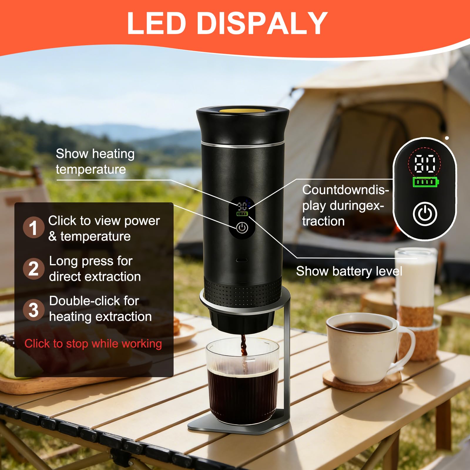 Macchina per caffè espresso portatile, 3 in 1 12 V, macchina per caffè espresso da 20 bar, mini macchina da caffè per capsule e caffè macinato, campeggio, display a LED