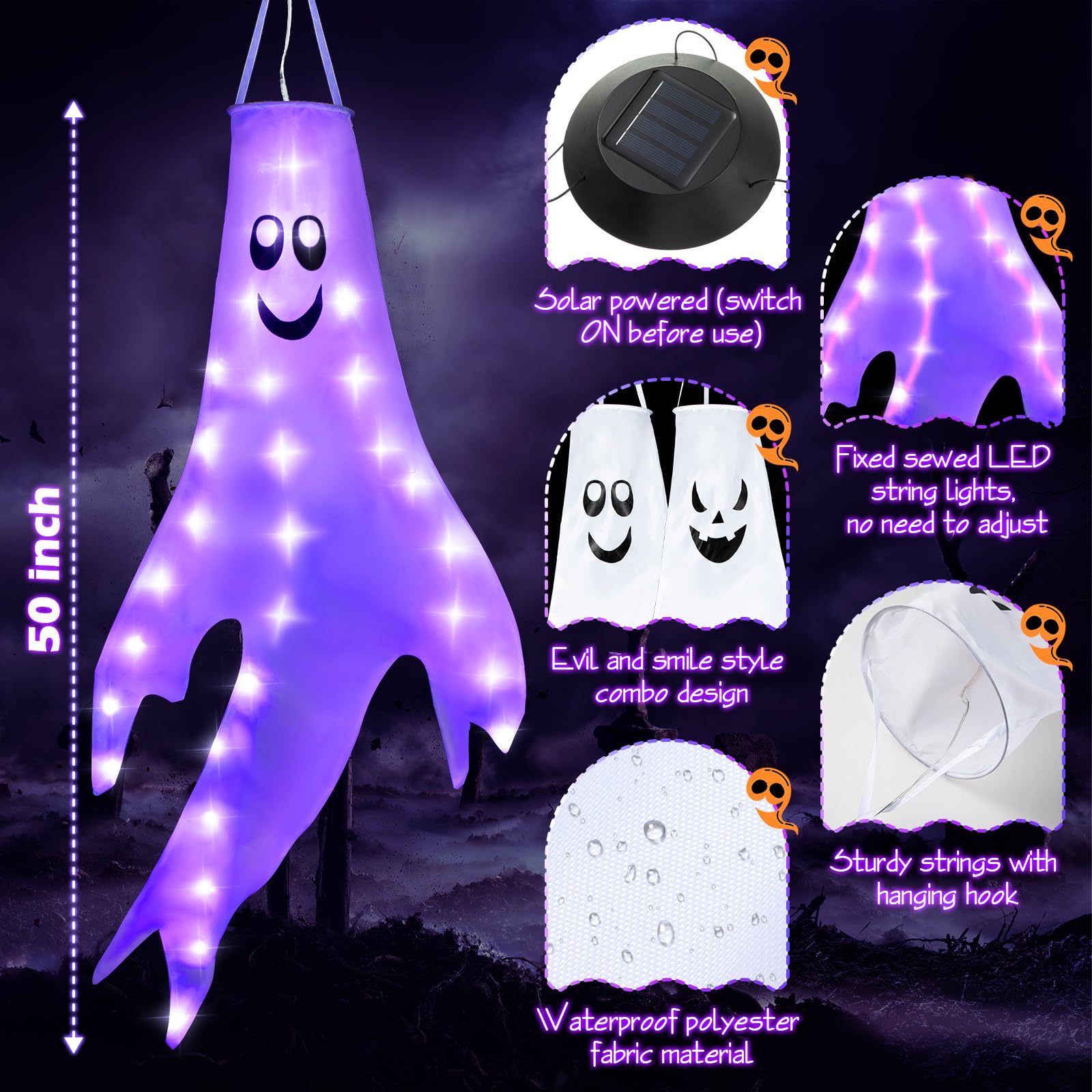 Ghost Windsock Snapklik.com : 4 Pack Halloween Ghost Windsocks, Solar Powered Glowing ...