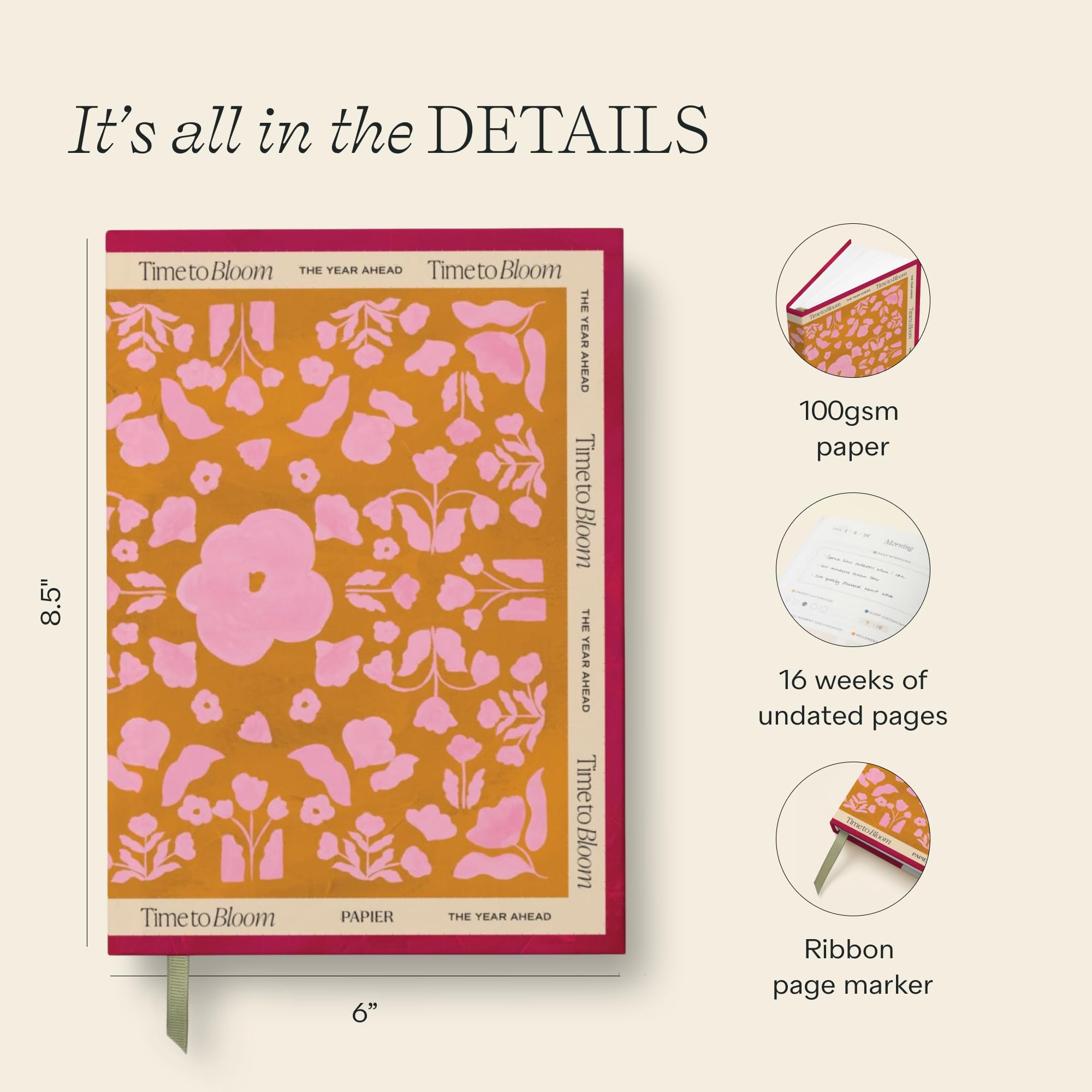Papier Time to Bloom - Agenda giornaliera con copertina rigida, design vintage, 16 settimane senza data, per tenere traccia di abitudini, pensieri, cose da fare e priorità, bellissimo regalo