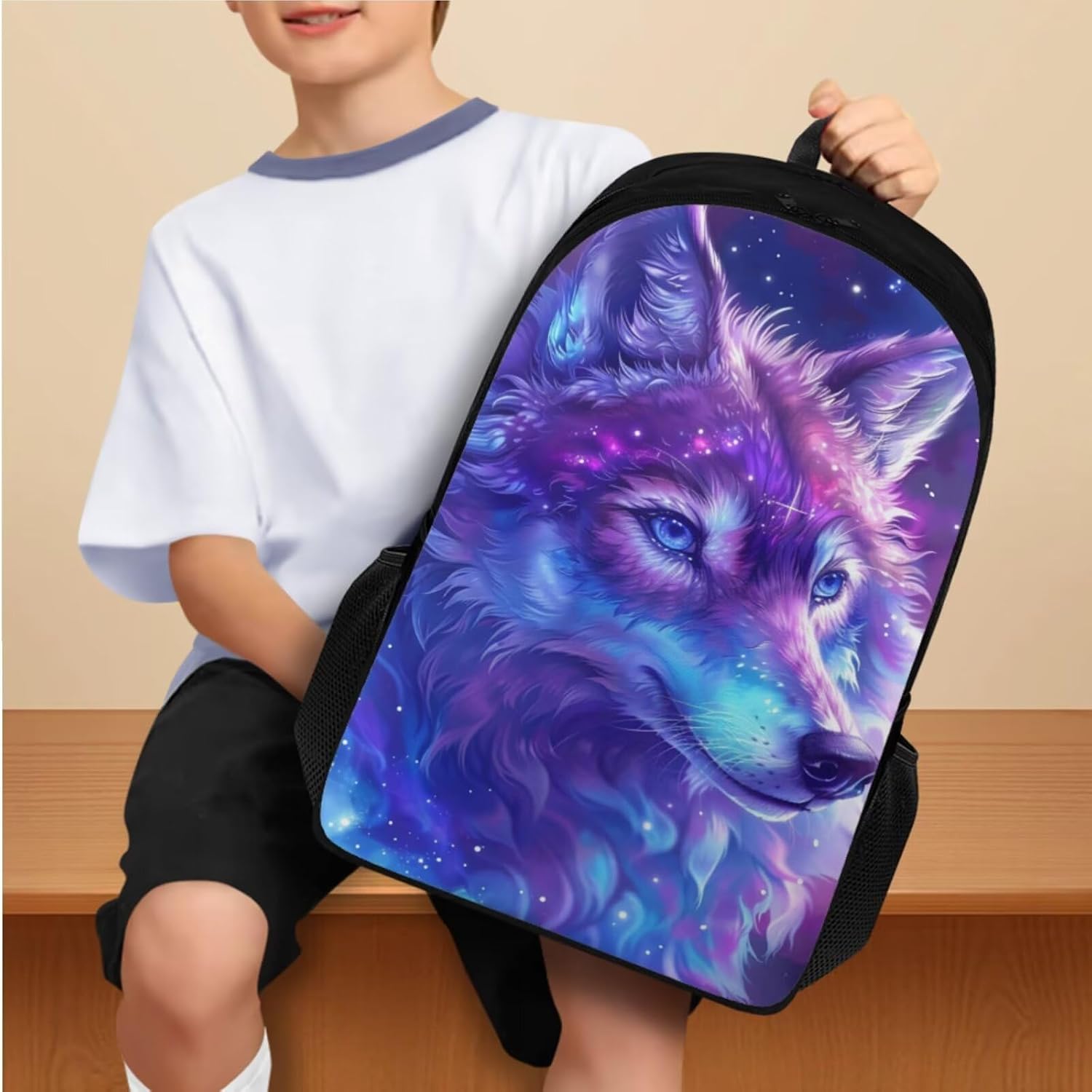 Galaxy Wolf Backpack for Girls Kids Backpack with Lunch Box and Soft Pencil Pouch 3PCS Set 17 inch Large Bookbag for School Lightweight School Bag with Side Pocket Casual Daypack Backpacks