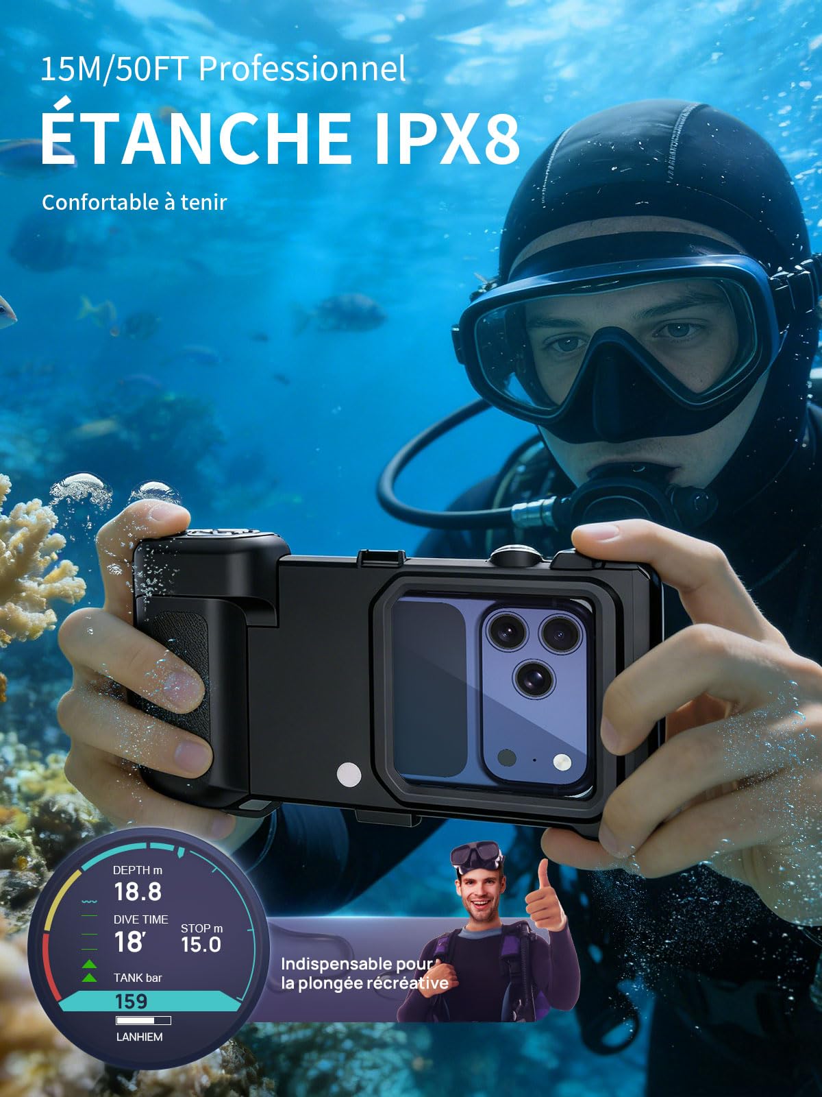Coque Étanche Universelle Pochette Plongée 15M pour 4.7"-6.9",Noir