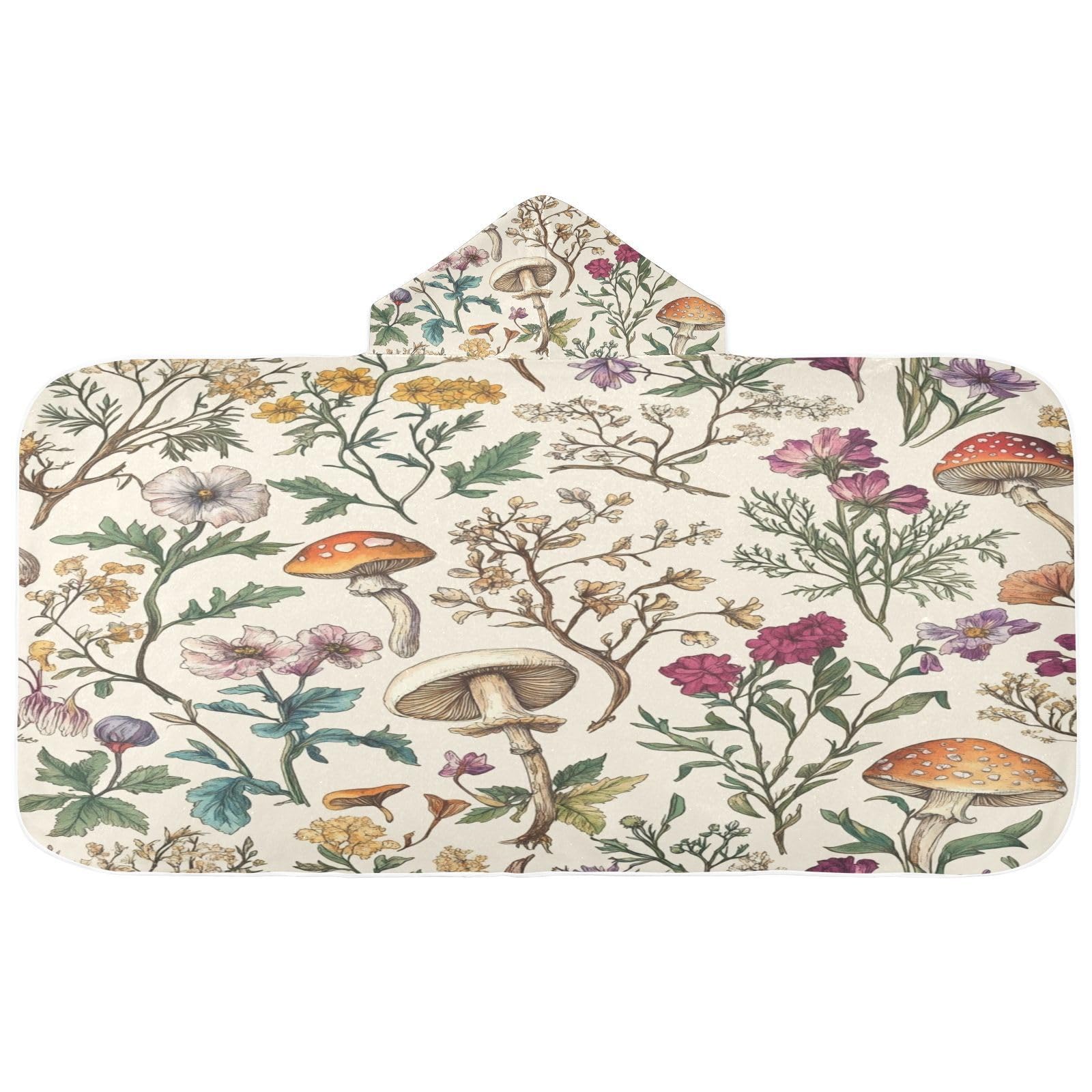 Kigai Flowers Mushroom Hooded Beach Towel for Kids Soft Absorbent Quick Dry Bath Towel with Hood Lightweight Toddler Shower Pool Bath Wrap for Boys Girls