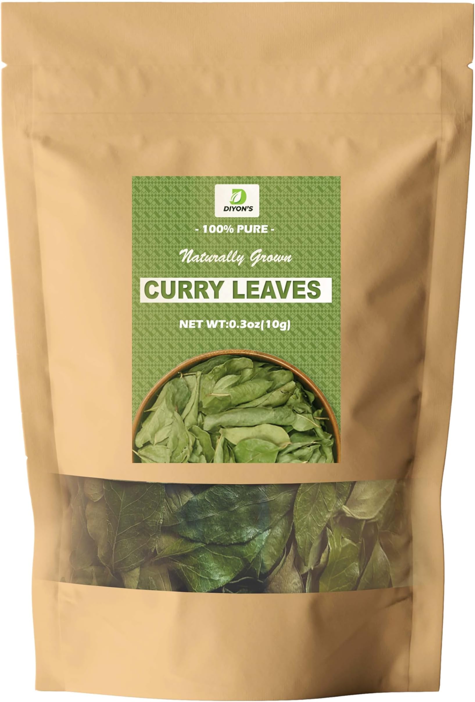 Diyon's whole dried Curry leaves 0.3oz (10g) 100% Natural, Pure and Air Dried Curry Leaves From Sri Lanka, Packed in a Kraft Stand up Resealable Pouch.