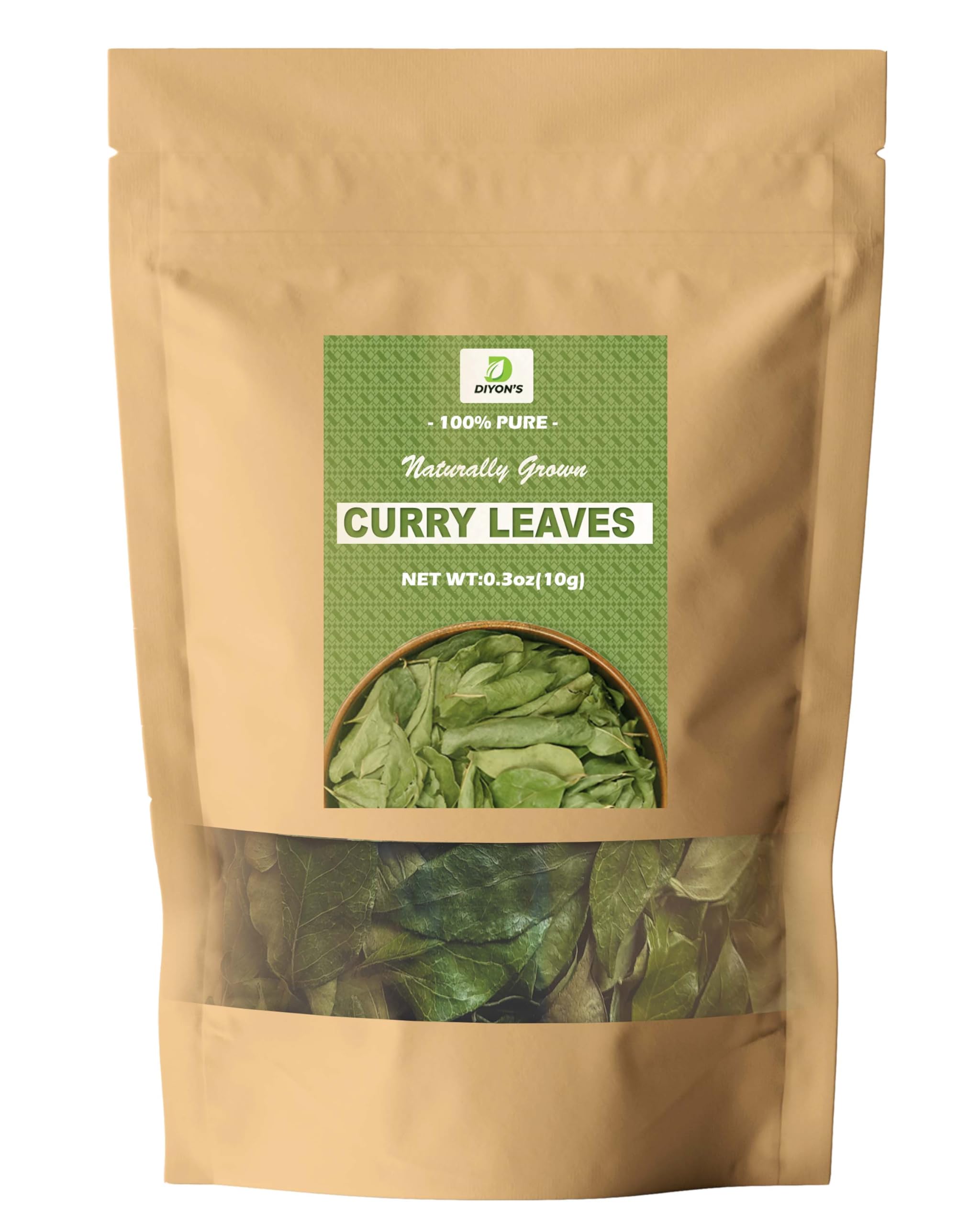 Diyon's whole dried Curry leaves 0.3oz (10g) 100% Natural, Pure and Air Dried Curry Leaves From Sri Lanka, Packed in a Kraft Stand up Resealable Pouch.